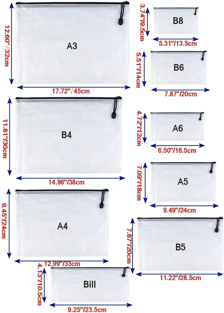 Oaimyy-A4(9"x 13"), Mesh Zipper Pouch Document Folders Bag Plastic Zip File Folders for School Office Supplies, Travel, Organizing Storage-Black,6 Pcs