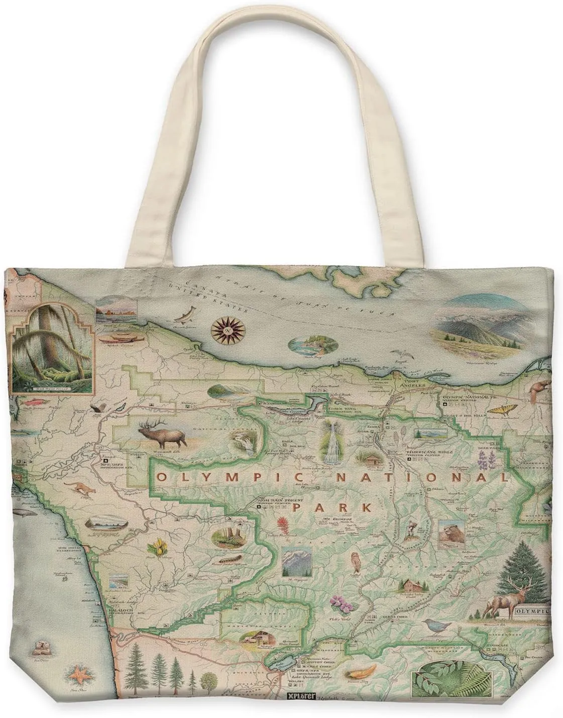 Olympic National Park Map Canvas Tote Bag with Handles, Cloth Grocery Shopping Bag, Reusable & Eco-friendly Bag, 100% Cotton, Washable, 18 wide x 15 tall