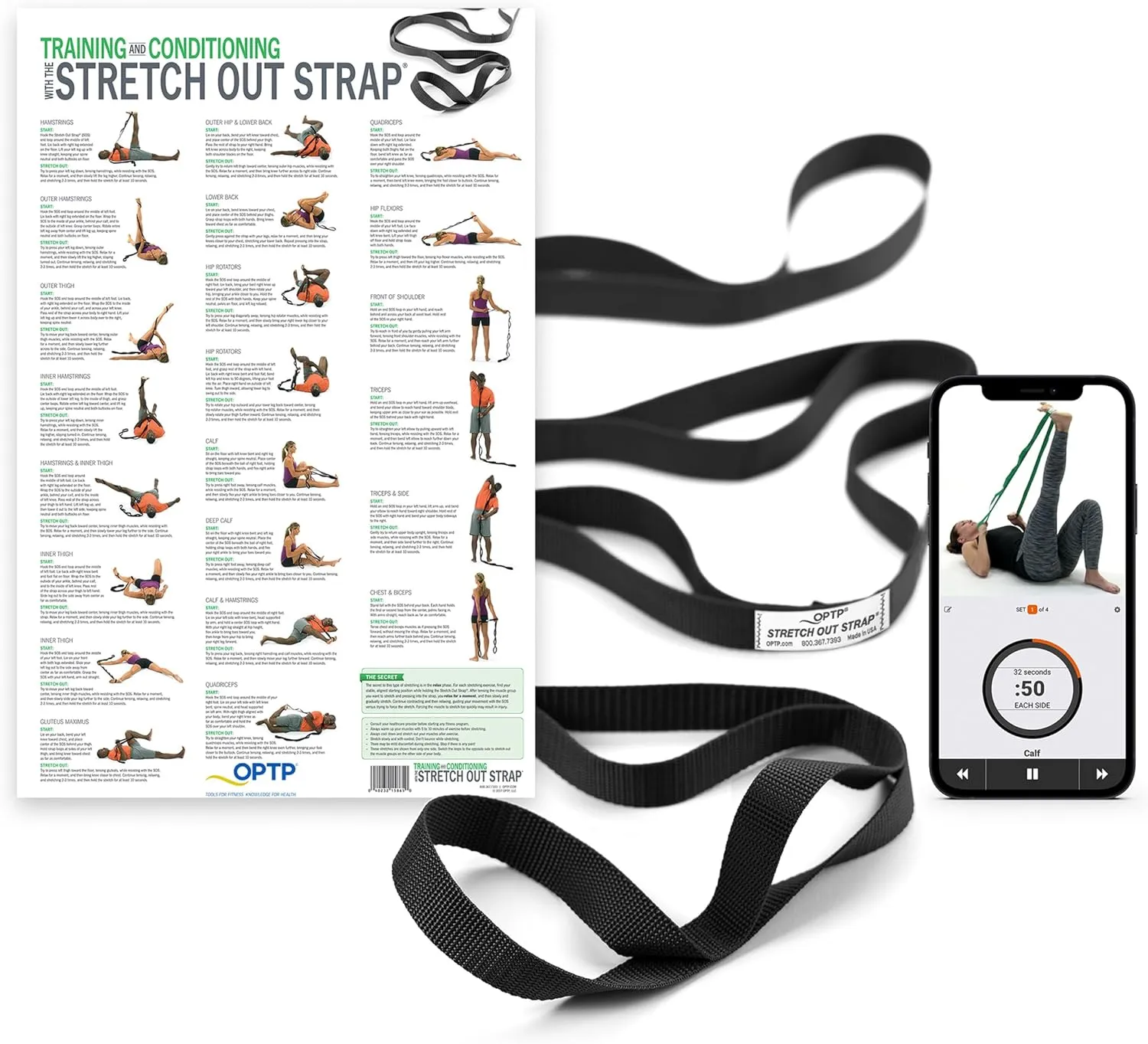 OPTP The Original Stretch Out Strap with Exercise Poster, USA Made Top Choice Stretch Out Straps for Physical Therapy, Yoga Stretching Strap or Knee Therapy (XL)