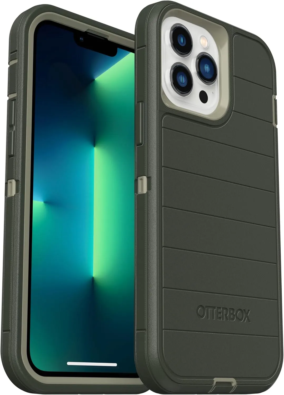 OtterBox iPhone 13 Pro Max & iPhone 12 Pro Max (Only) - Defender Series Screenless Edition Case - Lichen The Trek (Green) - Holster Clip Included - Microbial Defense Protection - Non-Retail Packaging