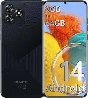 OUKITEL C53 Cell Phone Unlocked, 6.6" HD  Waterdrop Screen Android 14 Phone, 4300mAh Smartphone, 8GB 64GB/1TB Octa Core, 13MP Main Camera, 4G Dual SIM, Face ID/GPS/3.5mm Jack, T-Mobile - Black