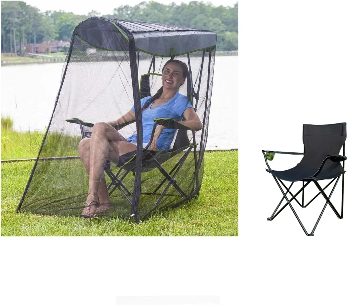 Outdoor Camping Fishing Chair with Mosquito Net & Canopy - Foldable, Breathable Mesh, Armrests, Cup Holder, Sunshade & Bug Protection for Outdoor Adventures (Black)