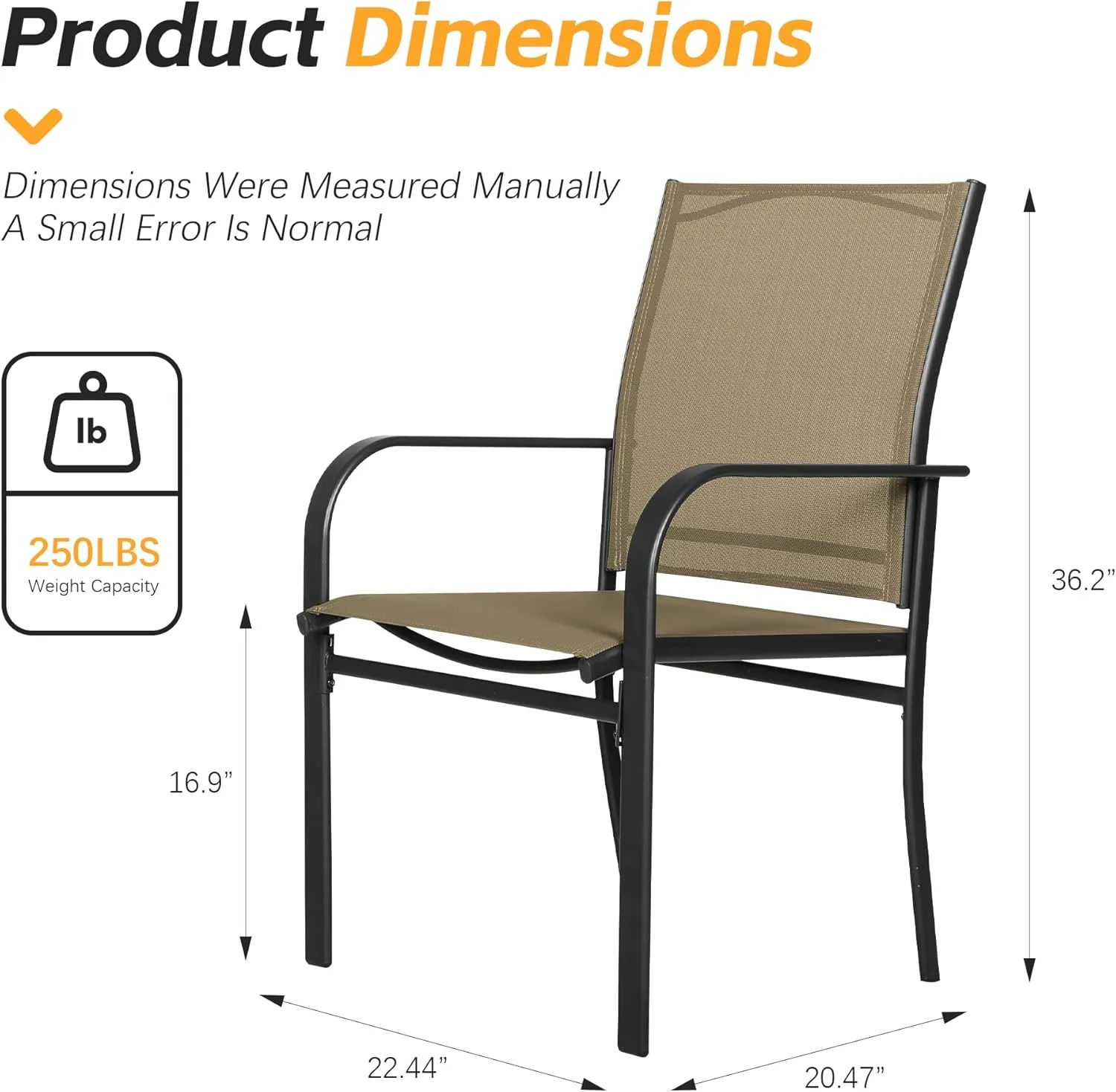 Outdoor Chairs Set of 2, Patio Dining Chairs with Armrest, All Weather Textilene Breathable Seat Fabric Chair for Backyard, Deck, Poolside (Brown)