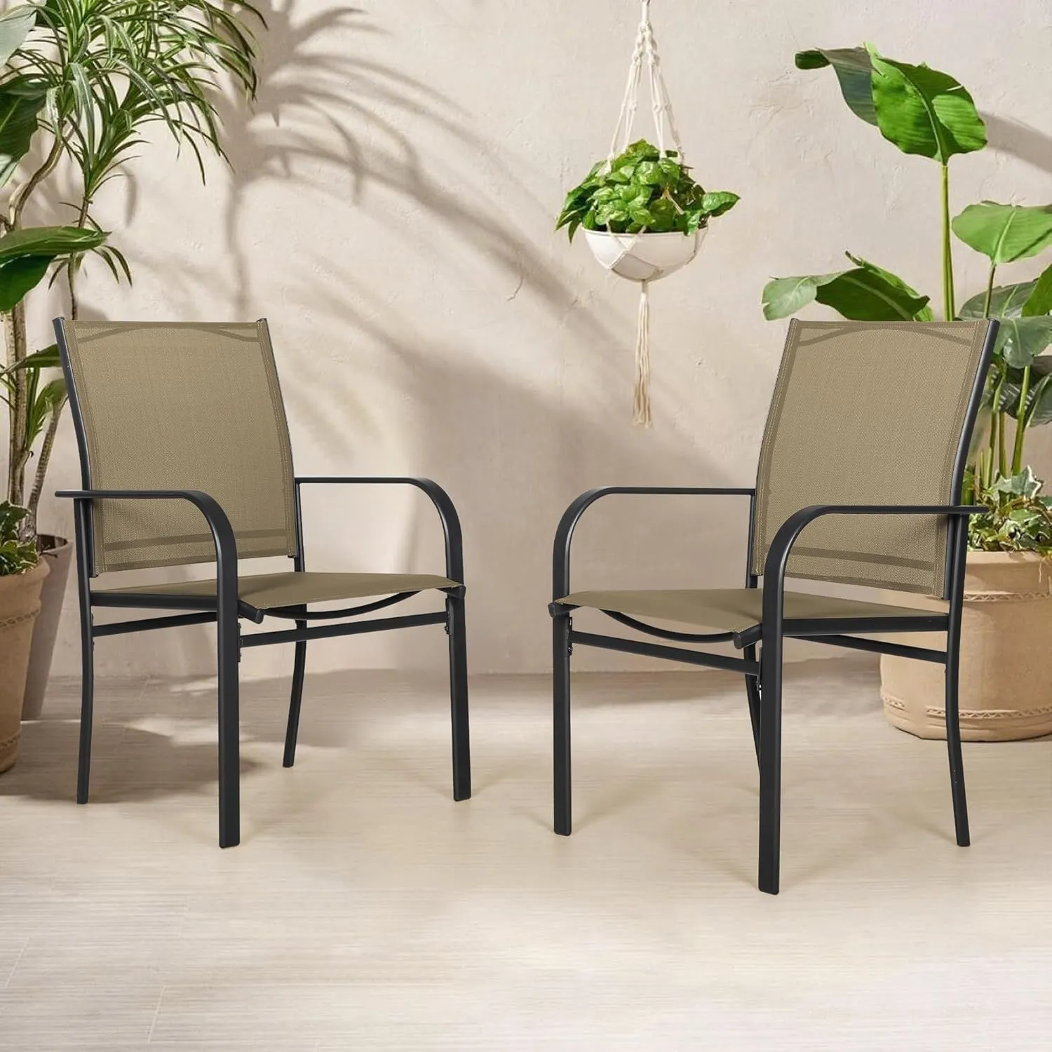 Outdoor Chairs Set of 2, Patio Dining Chairs with Armrest, All Weather Textilene Breathable Seat Fabric Chair for Backyard, Deck, Poolside (Brown)