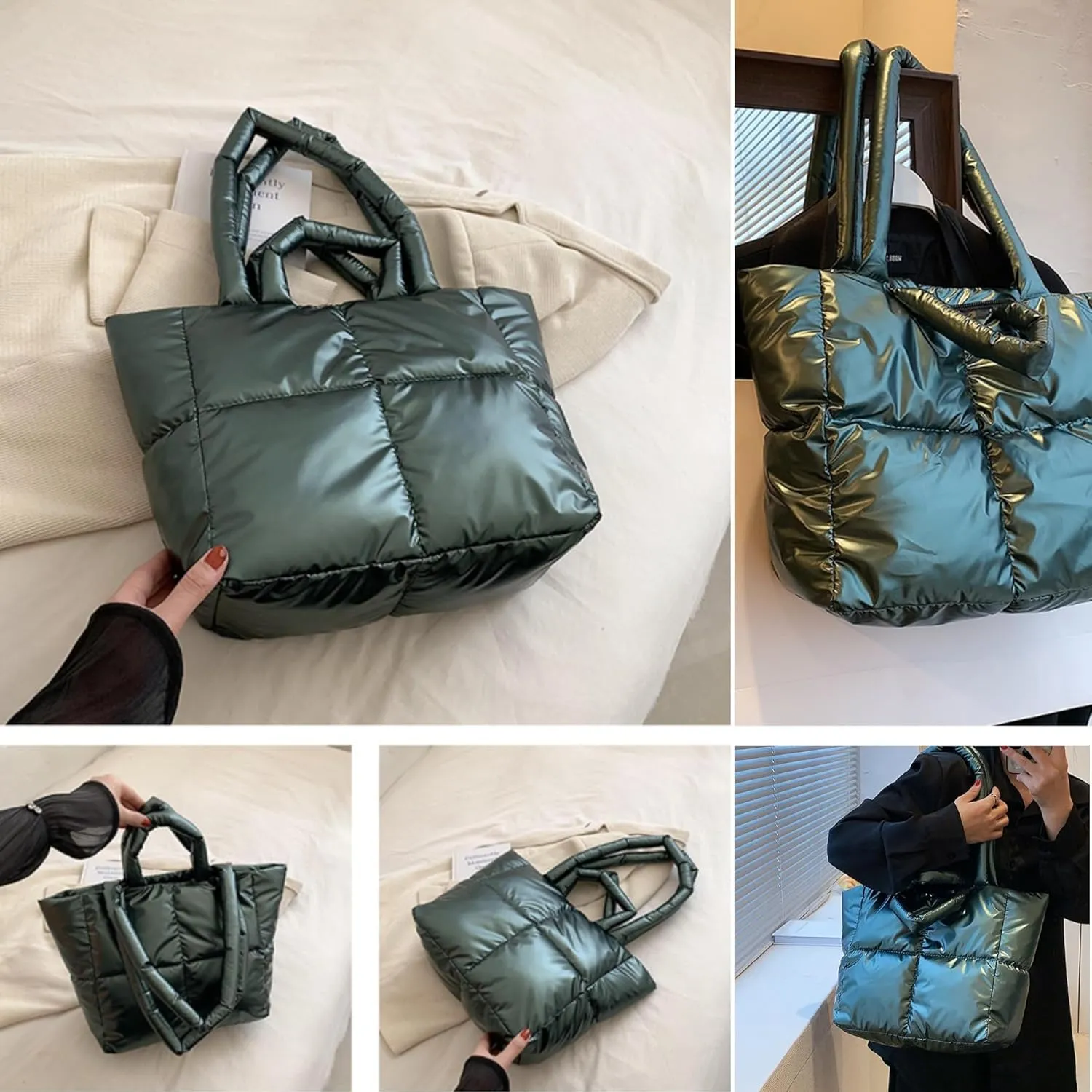 Padded Puffy Tote Lattice Handbag for Women Quilted Puffer Tote Bag Winter Down Cotton Soft Large Shoulder Bag