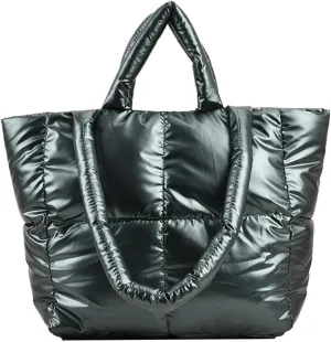 Padded Puffy Tote Lattice Handbag for Women Quilted Puffer Tote Bag Winter Down Cotton Soft Large Shoulder Bag