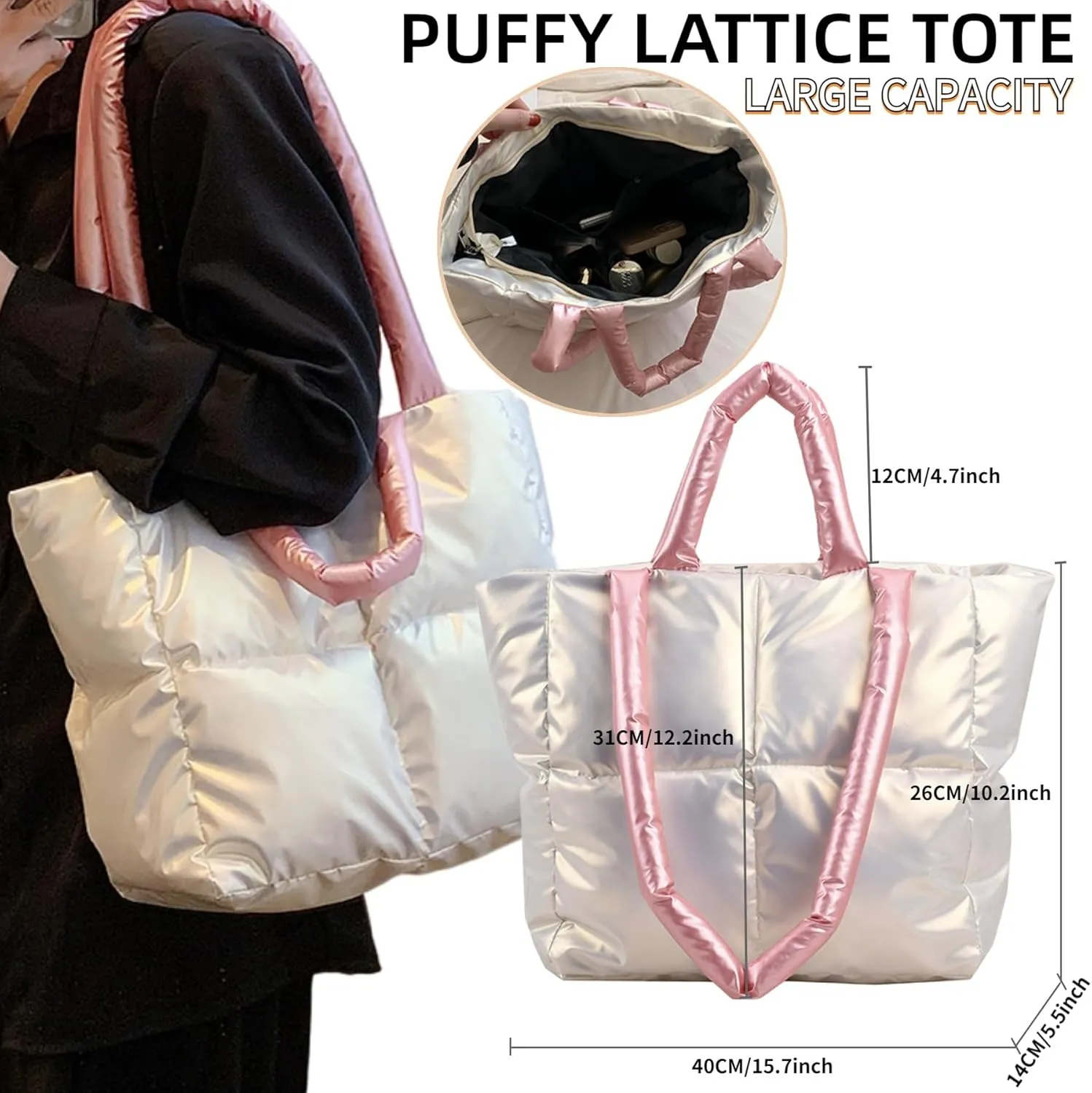 Padded Puffy Tote Lattice Handbag for Women Quilted Puffer Tote Bag Winter Down Cotton Soft Large Shoulder Bag