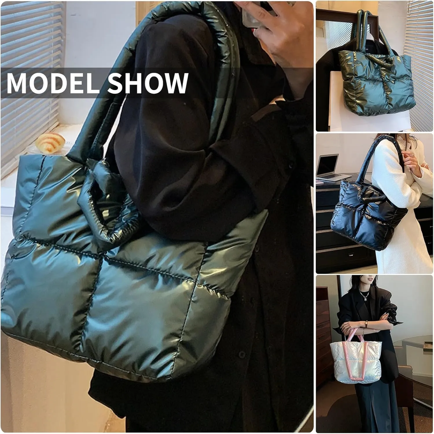 Padded Puffy Tote Lattice Handbag for Women Quilted Puffer Tote Bag Winter Down Cotton Soft Large Shoulder Bag