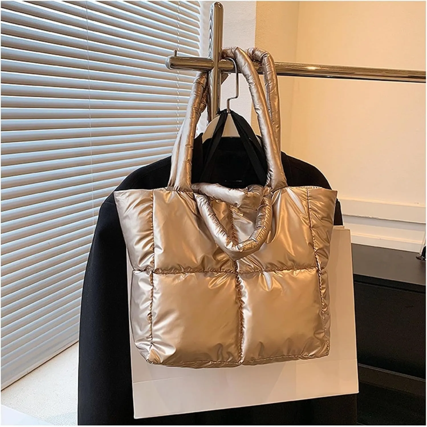 Padded Puffy Tote Lattice Handbag for Women Quilted Puffer Tote Bag Winter Down Cotton Soft Large Shoulder Bag
