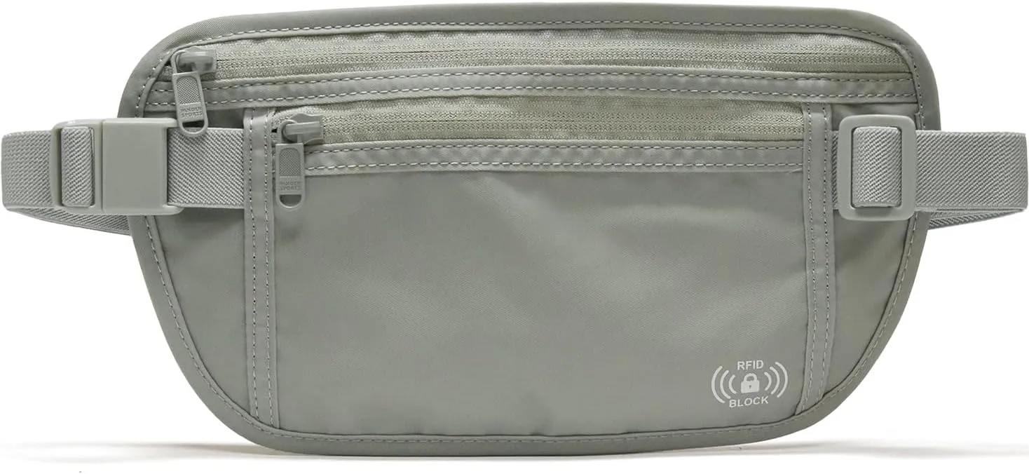 Pander Unisex RFID Anti Theft Waist Pouch Money Belt for Travel, Blocking Hidden Wallet Belt Bag for Women, Protects Your Valuables and Data.(Light Grey)