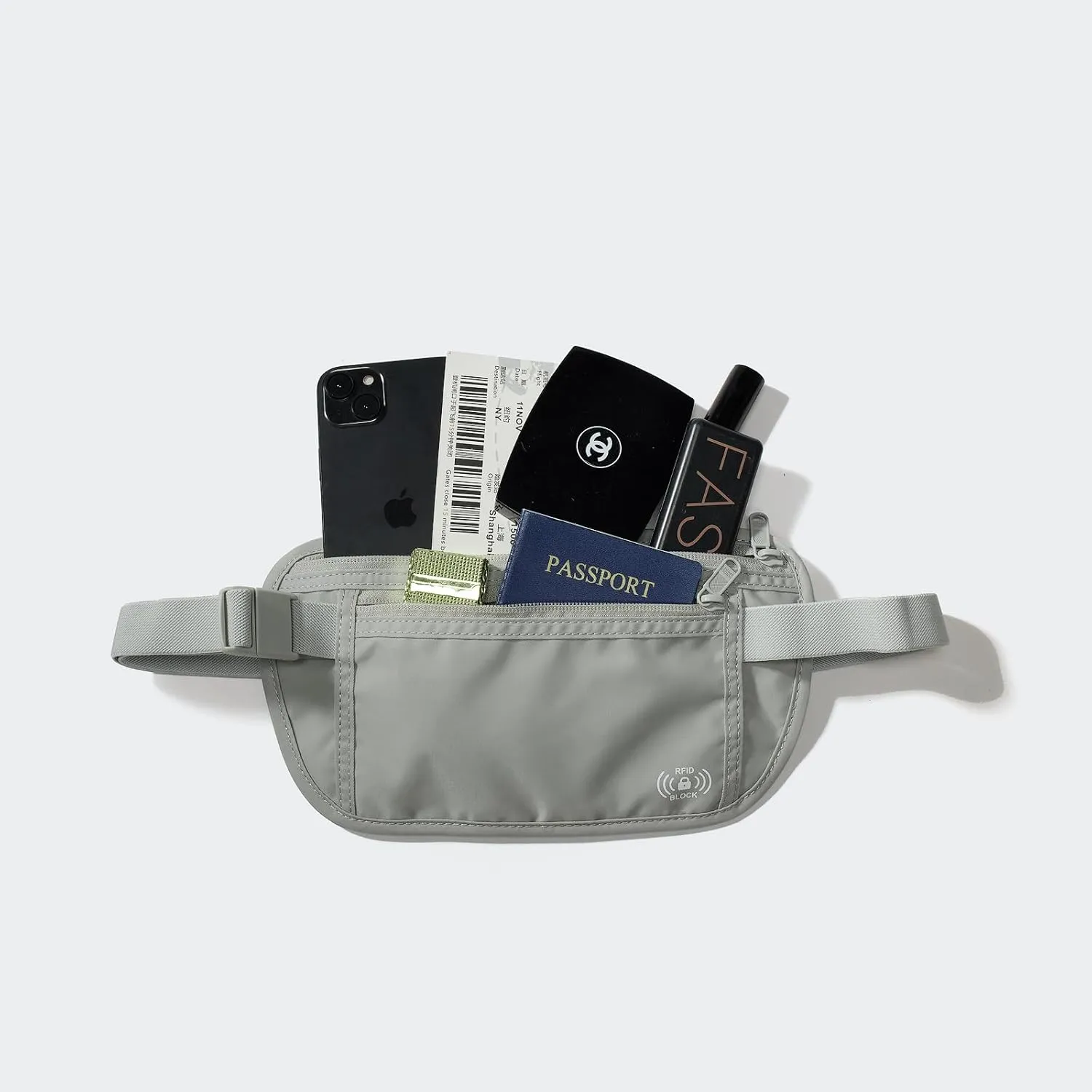 Pander Unisex RFID Anti Theft Waist Pouch Money Belt for Travel, Blocking Hidden Wallet Belt Bag for Women, Protects Your Valuables and Data.(Light Grey)