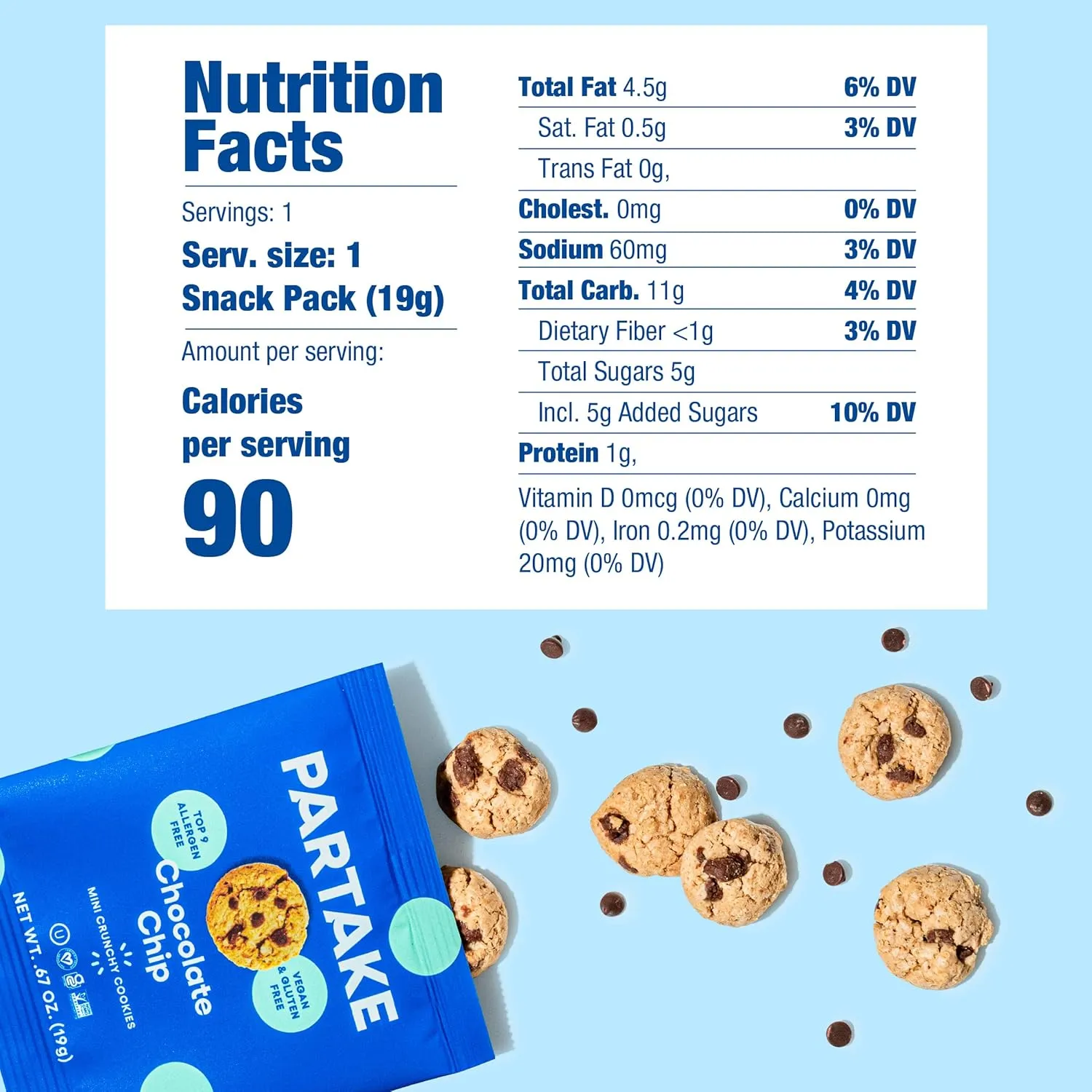 Partake Foods Gluten Free Chocolate Chip Mini Cookie Snack Packs (20 Packs)