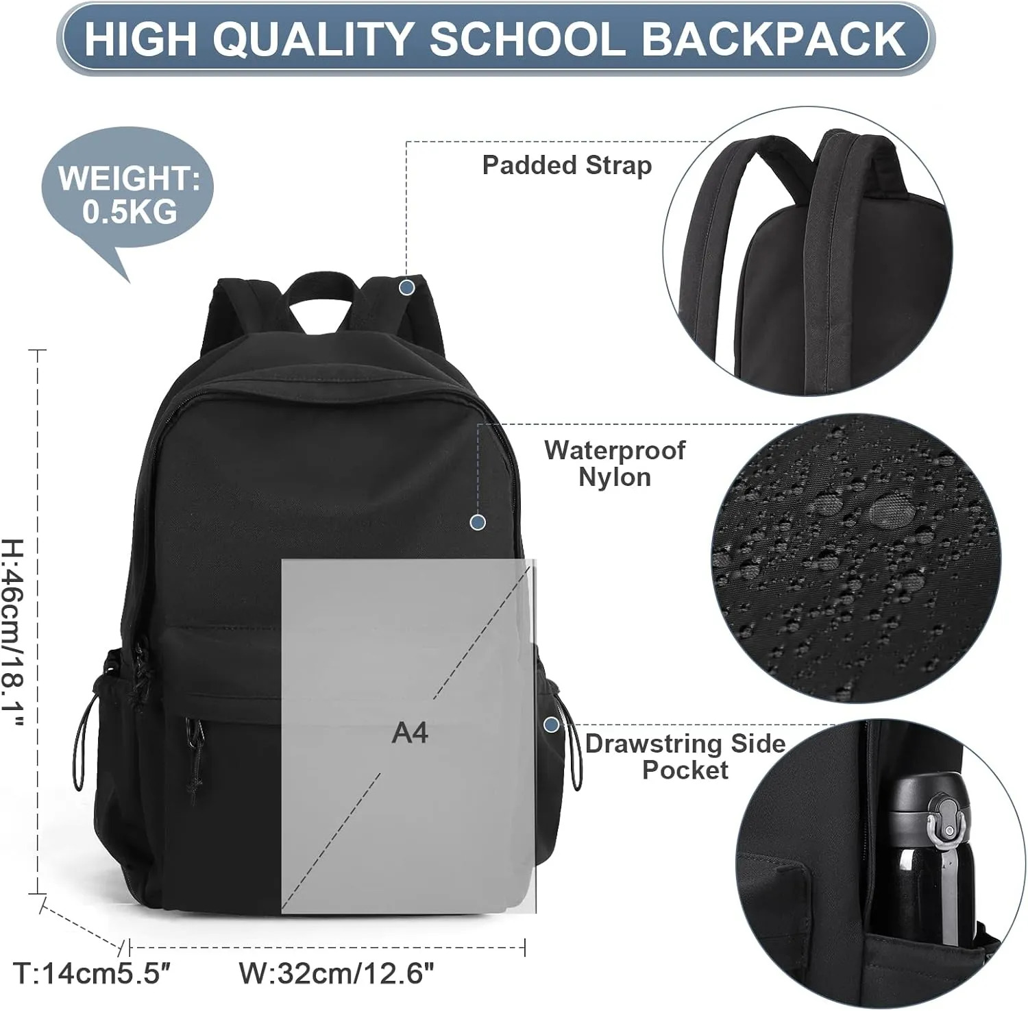 PAUBACK Black School Backpack for Girls Women Waterproof High School Book Bag Cute Backpack for Men Teens Boys, Lightweight Simple Middle School Back Pack Daypack