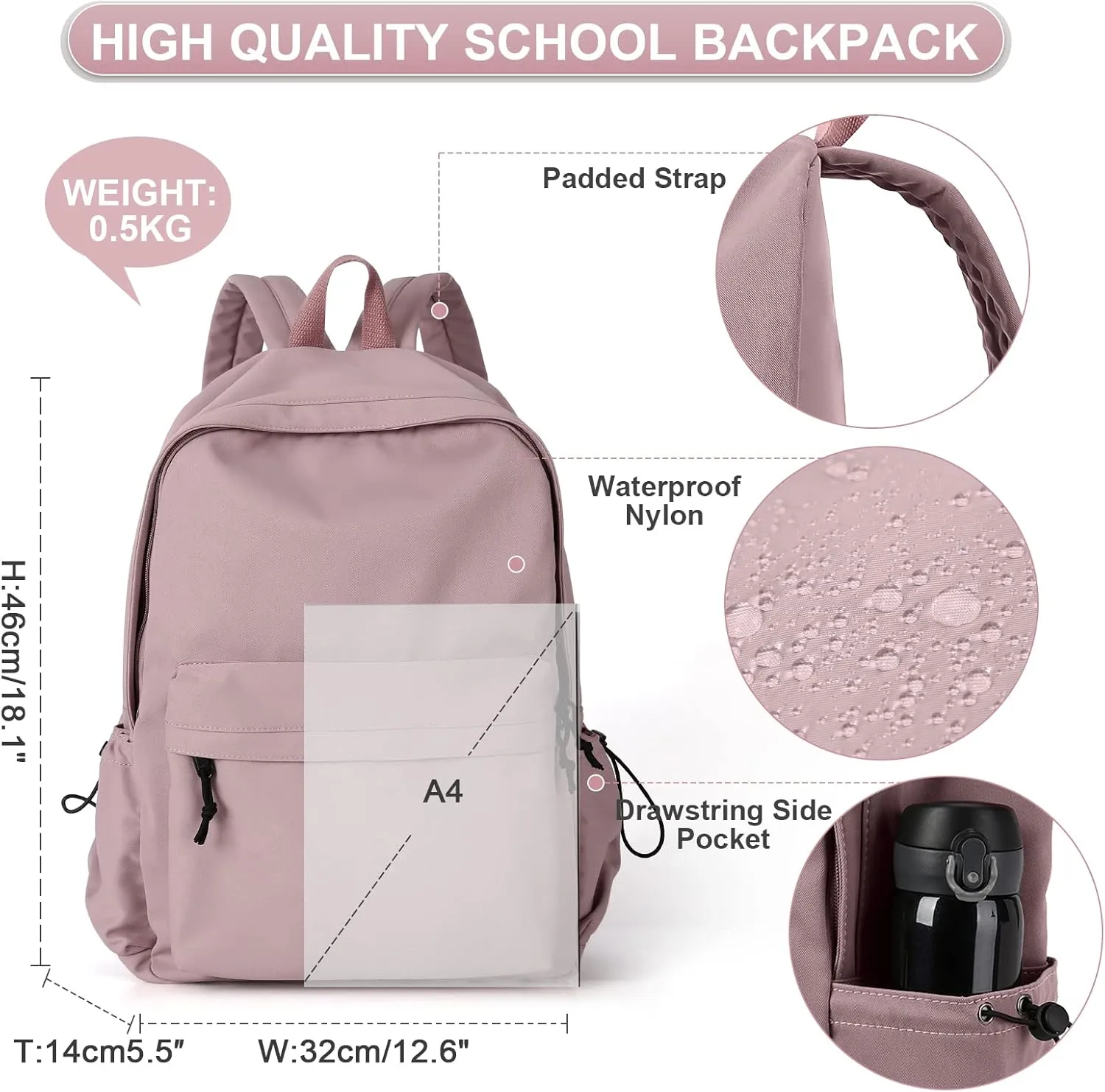 PAUBACK Purple School Backpack for Girls Water Resistant High School Book Bag Simple Backpack for Teens Boys Girls, Lightweight Simple Middle School Back Pack Daypack