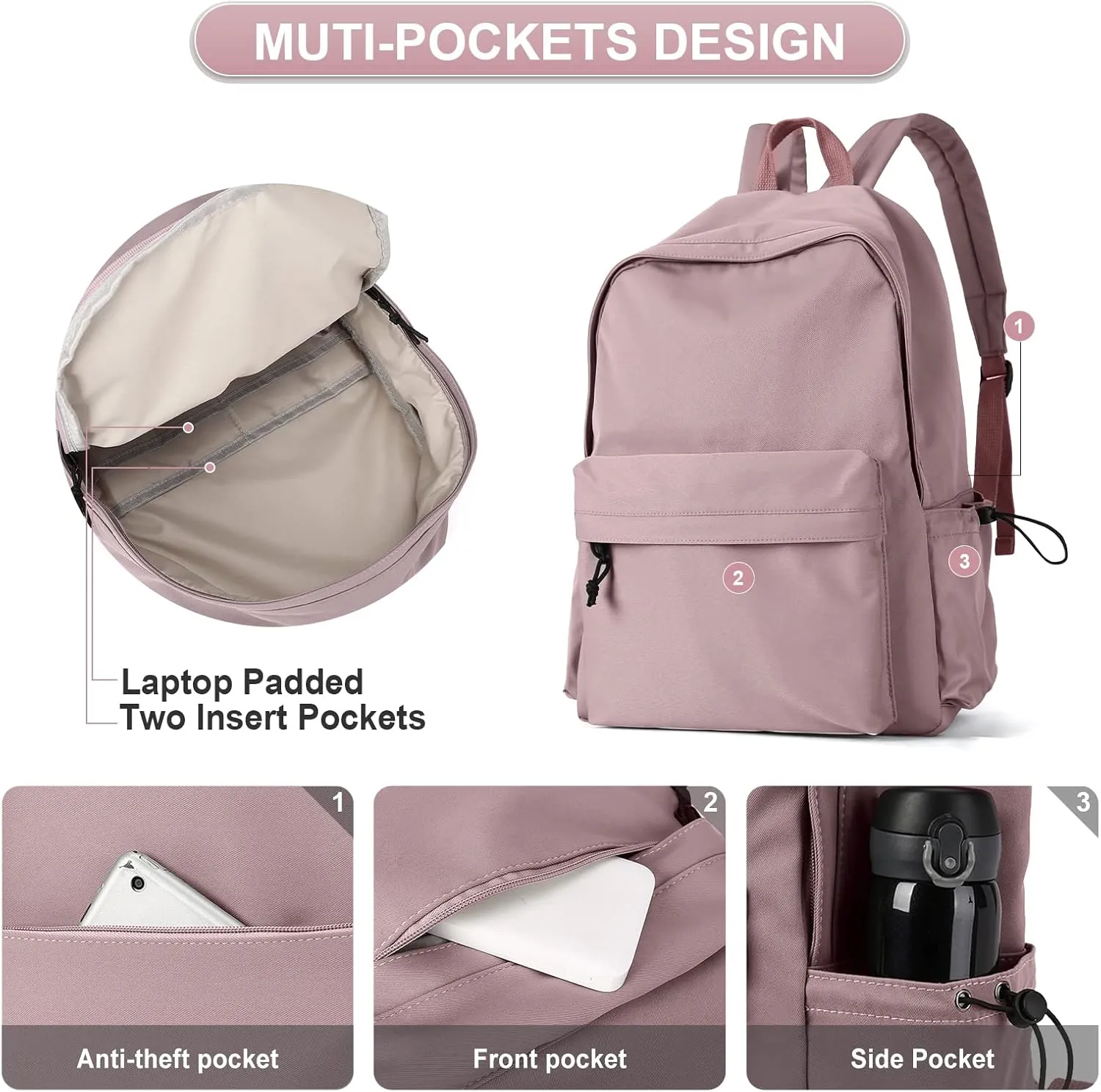 PAUBACK Purple School Backpack for Girls Water Resistant High School Book Bag Simple Backpack for Teens Boys Girls, Lightweight Simple Middle School Back Pack Daypack