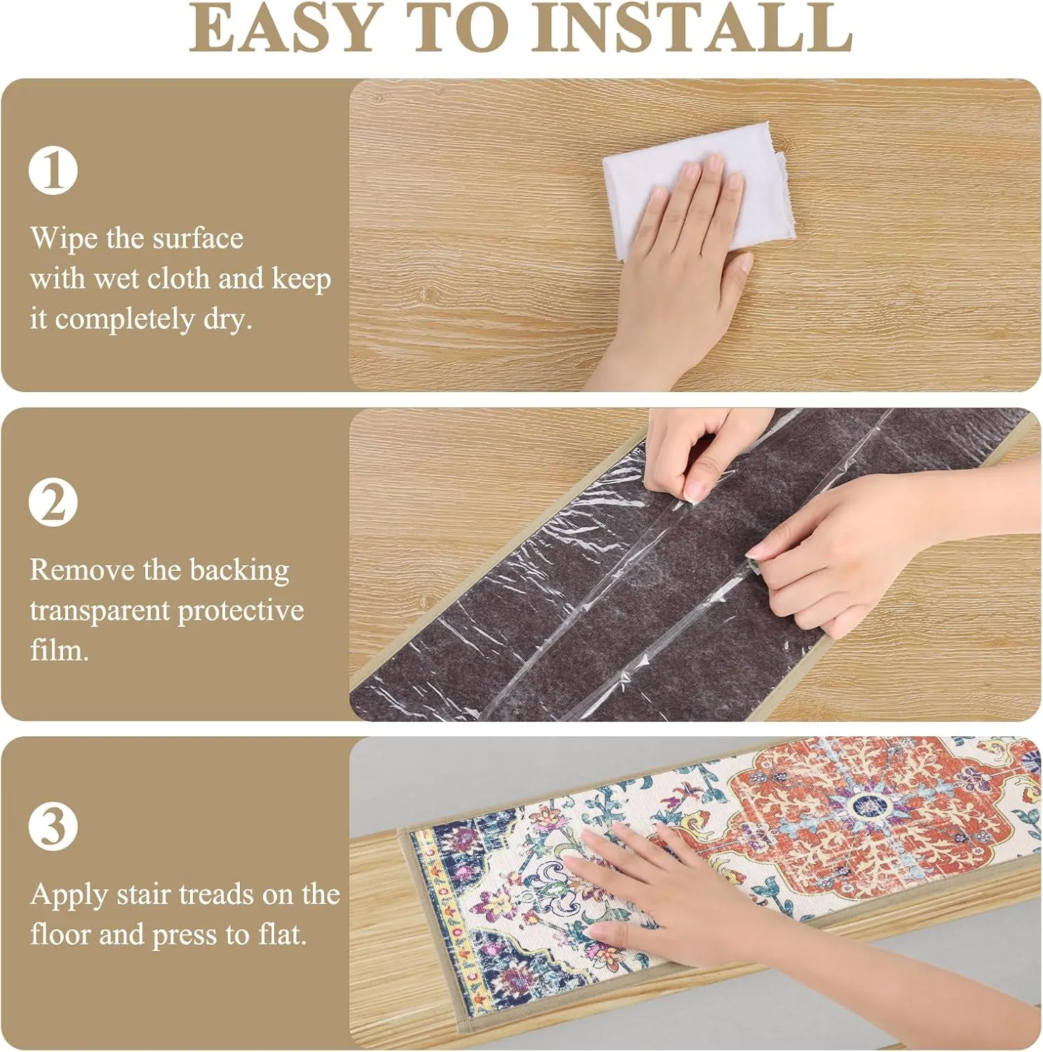 Pauwer Carpet Stair Treads for Wooden Steps Indoor 15 Pack 8" X 30" Peel and Stick Stair Treads Non Slip Staircase Step Treads Reusable Stair Runner Rugs for Dogs, Kids and Elders