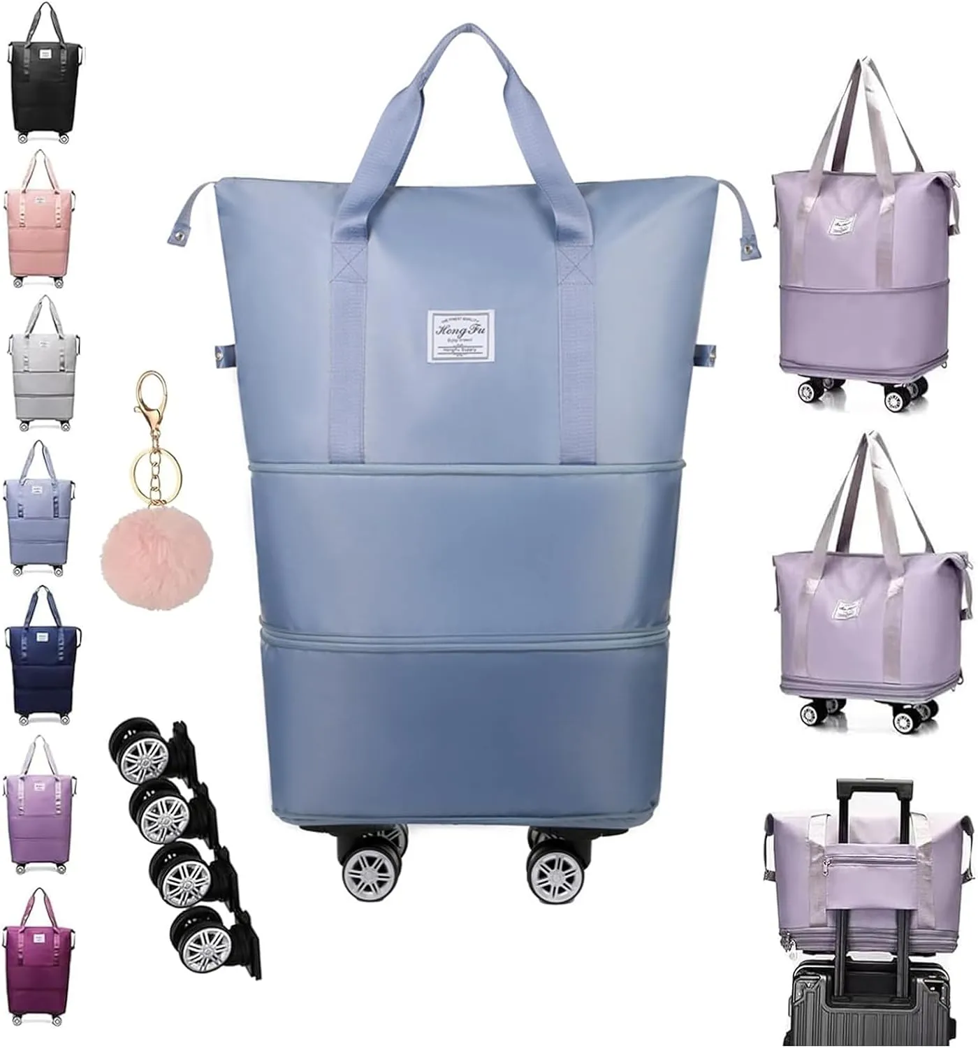 Pepepo Travel Bag with Wheels, 2025 New Large Capacity Travel Bag - Universal Wheel Removable, 48l Waterproof Expandable Foldable Duffle Bag (Blue,One Size)