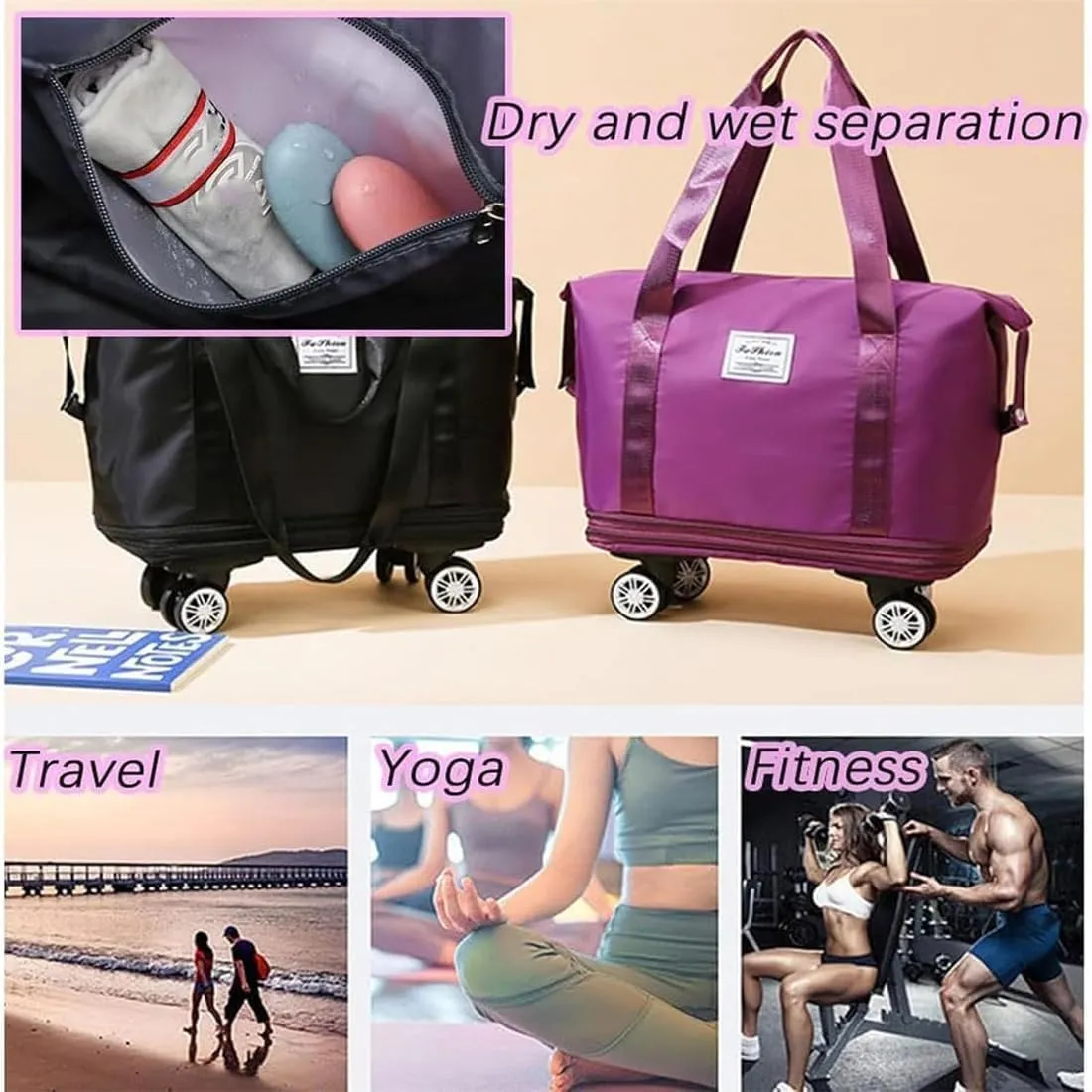 Pepepo Travel Bag with Wheels, 2025 New Large Capacity Travel Bag - Universal Wheel Removable, 48l Waterproof Expandable Foldable Duffle Bag (Blue,One Size)