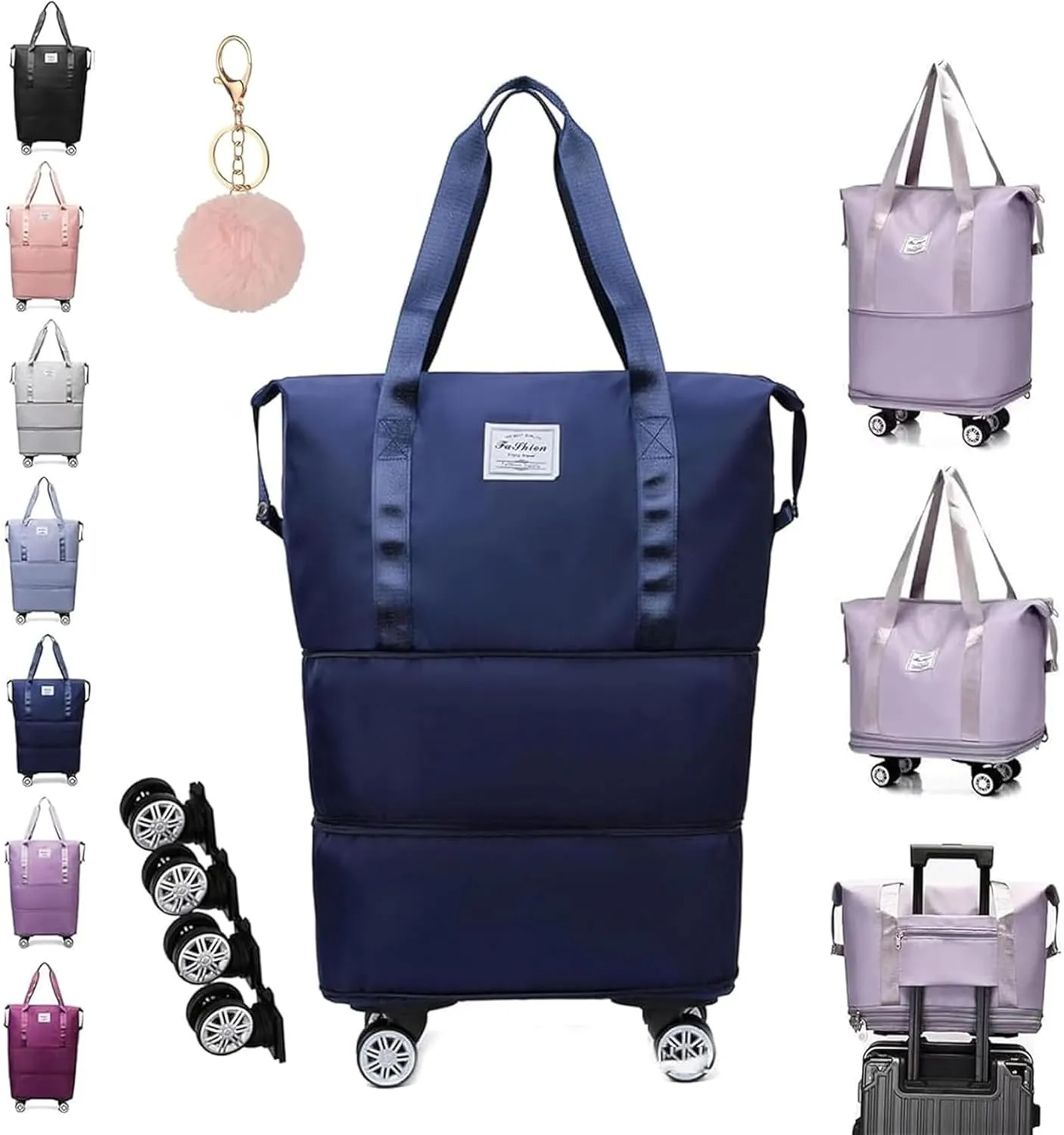 Pepepo Travel Bag with Wheels, 2025 New Large Capacity Travel Bag - Universal Wheel Removable, 48l Waterproof Expandable Foldable Duffle Bag (Dark Blue,One Size)