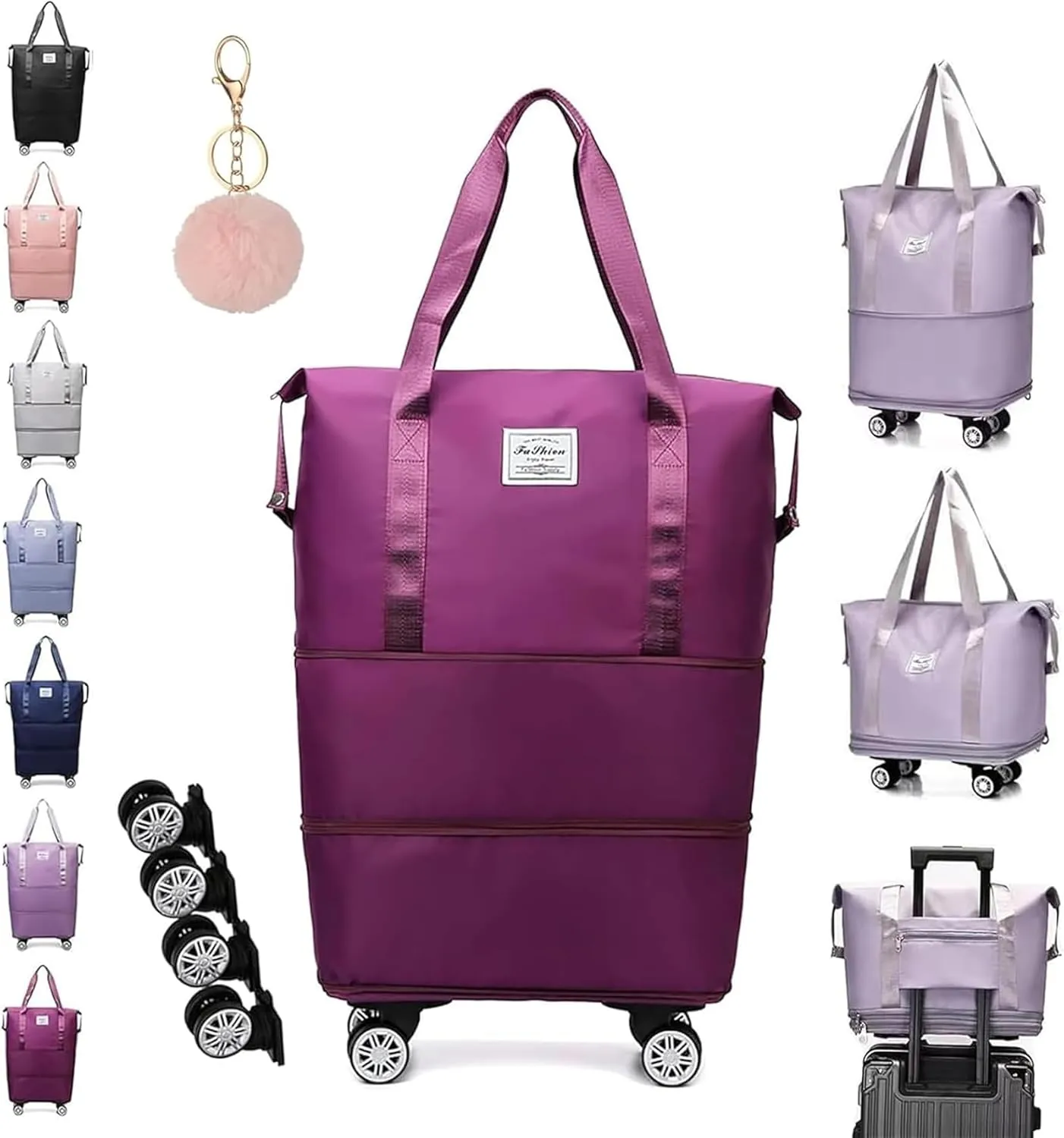 Pepepo Travel Bag with Wheels, 2025 New Large Capacity Travel Bag - Universal Wheel Removable, 48l Waterproof Expandable Foldable Duffle Bag (Dark Purple,One Size)