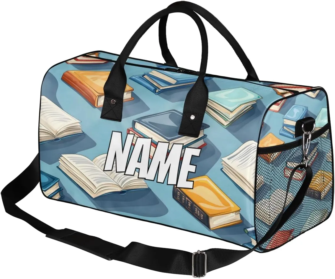 Personalized Book Pattern Travel Duffel Bag with Name, Custom Gym Sport Bag Colorful Catoon Carry On Weekend Overnight Duffel Bag for Men Women