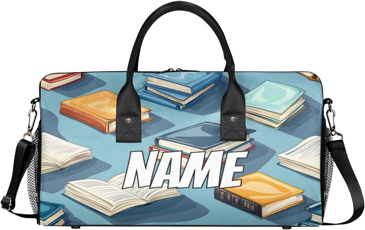 Personalized Book Pattern Travel Duffel Bag with Name, Custom Gym Sport Bag Colorful Catoon Carry On Weekend Overnight Duffel Bag for Men Women