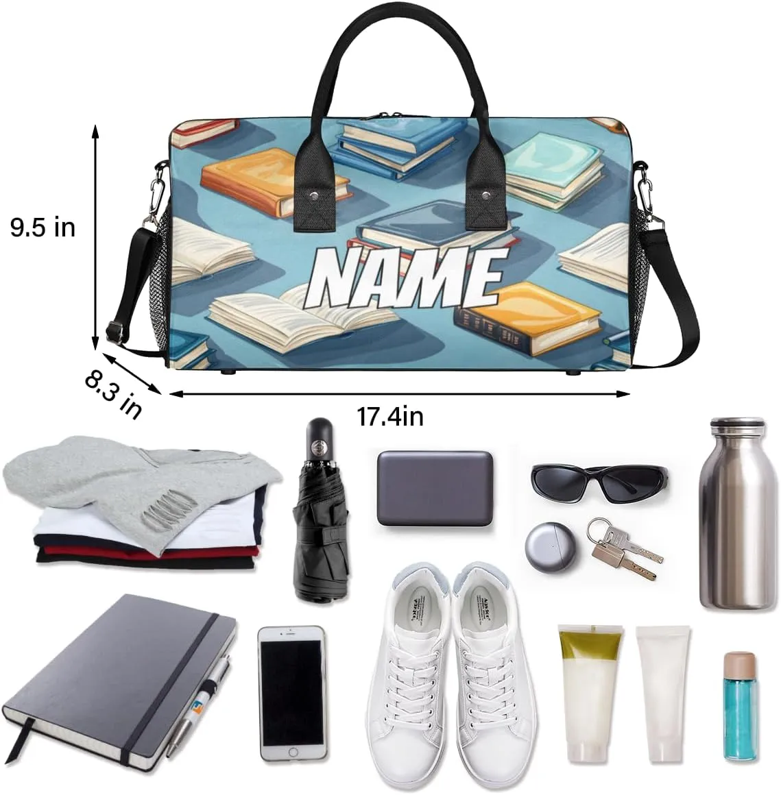 Personalized Book Pattern Travel Duffel Bag with Name, Custom Gym Sport Bag Colorful Catoon Carry On Weekend Overnight Duffel Bag for Men Women