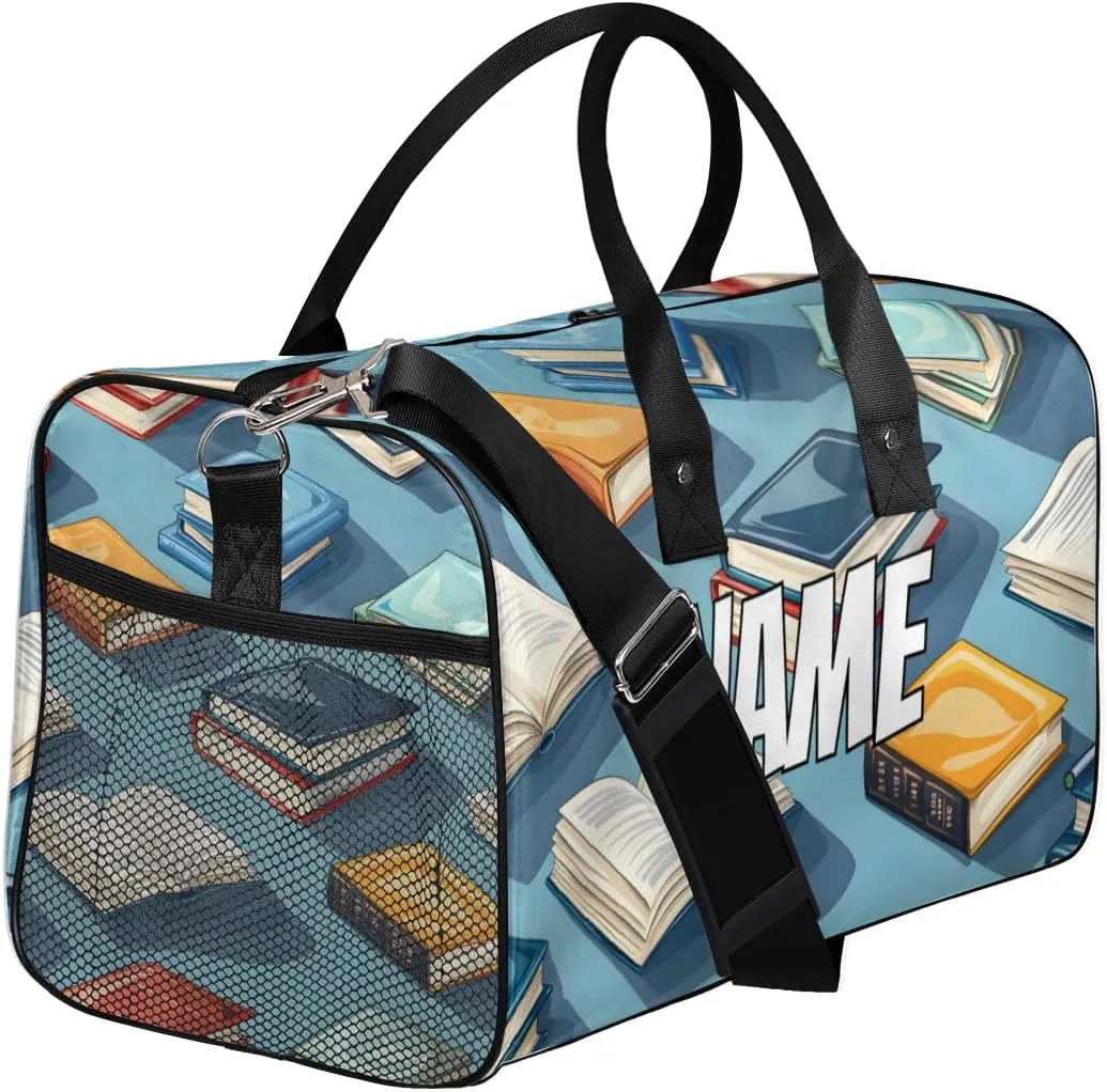 Personalized Book Pattern Travel Duffel Bag with Name, Custom Gym Sport Bag Colorful Catoon Carry On Weekend Overnight Duffel Bag for Men Women