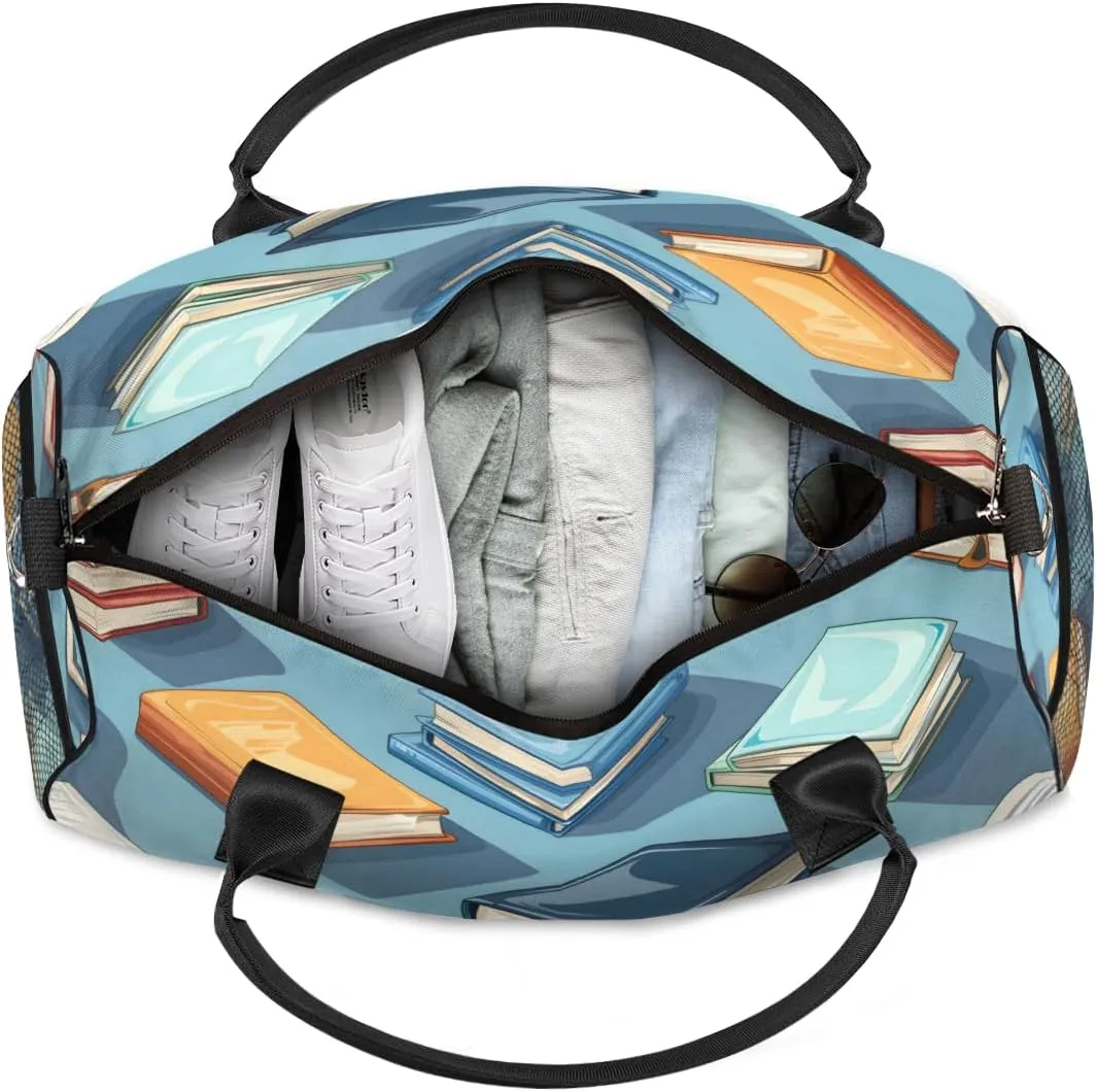 Personalized Book Pattern Travel Duffel Bag with Name, Custom Gym Sport Bag Colorful Catoon Carry On Weekend Overnight Duffel Bag for Men Women