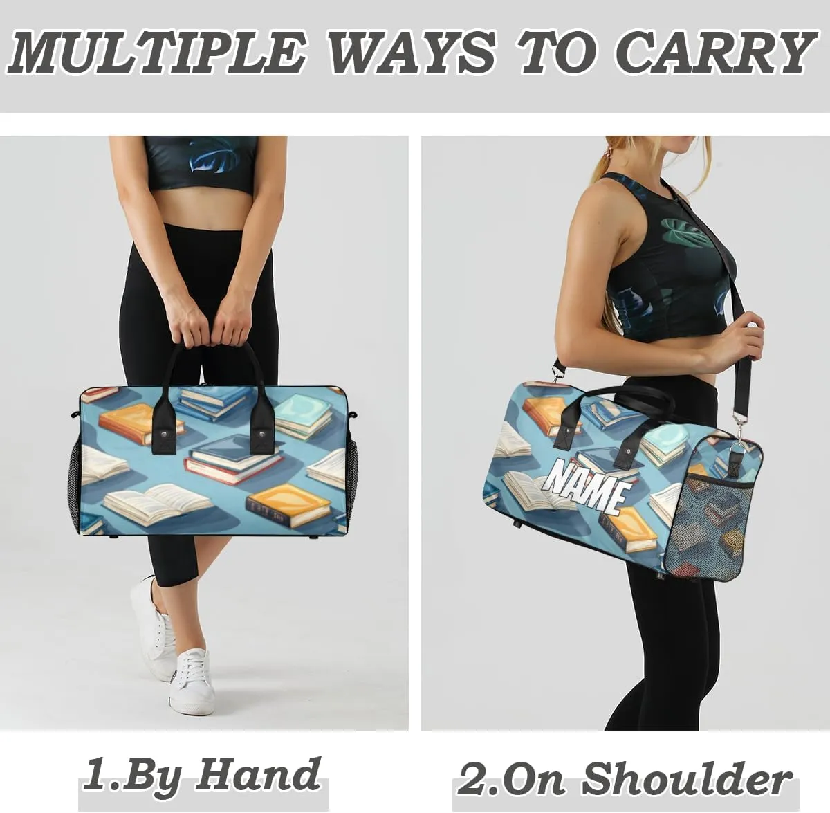 Personalized Book Pattern Travel Duffel Bag with Name, Custom Gym Sport Bag Colorful Catoon Carry On Weekend Overnight Duffel Bag for Men Women