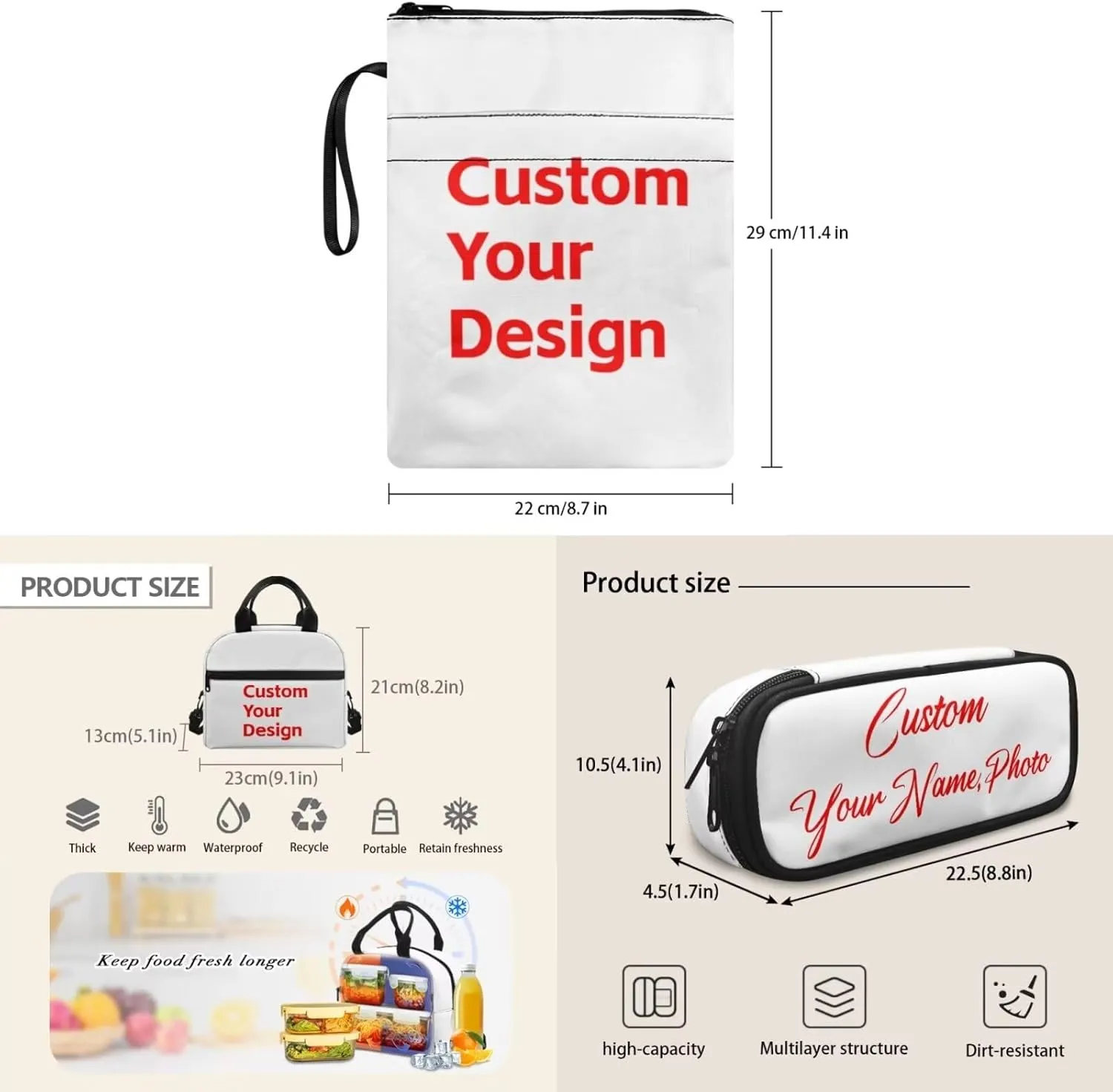 Personalized Custom Pictures and Logos Backpack with Lunch Box for Women Insulated Lunch Bag with Zipper Pencil Case and Book Cover for Teens Girls