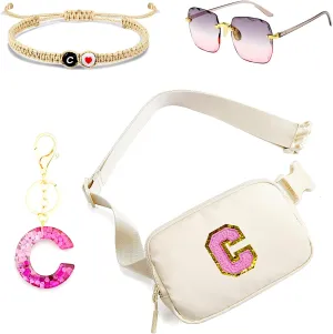 Personalized Initial Fanny Pack Belt Bag for Teen Girls - woman fanny pack,Bracelet, Keychain & Sunglasses (C)