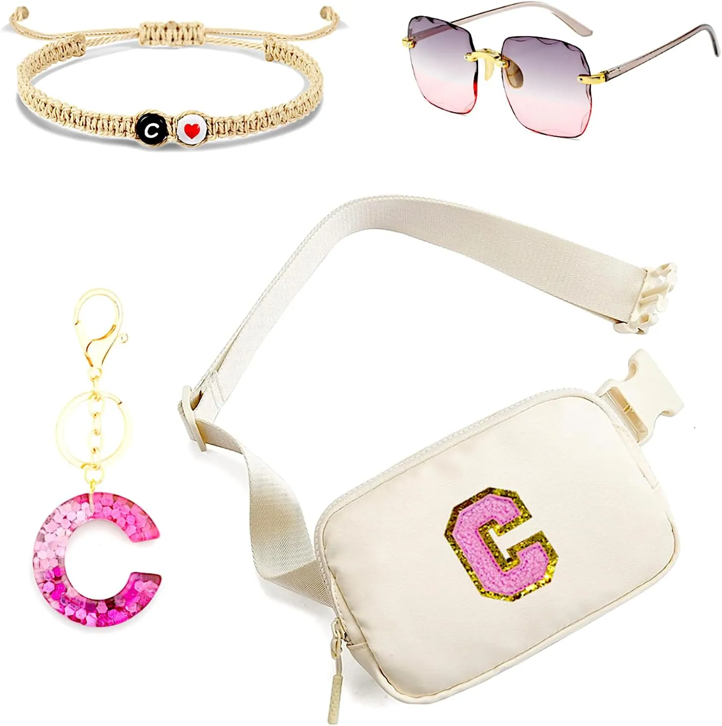 Personalized Initial Fanny Pack Belt Bag for Teen Girls - woman fanny pack,Bracelet, Keychain & Sunglasses (C)