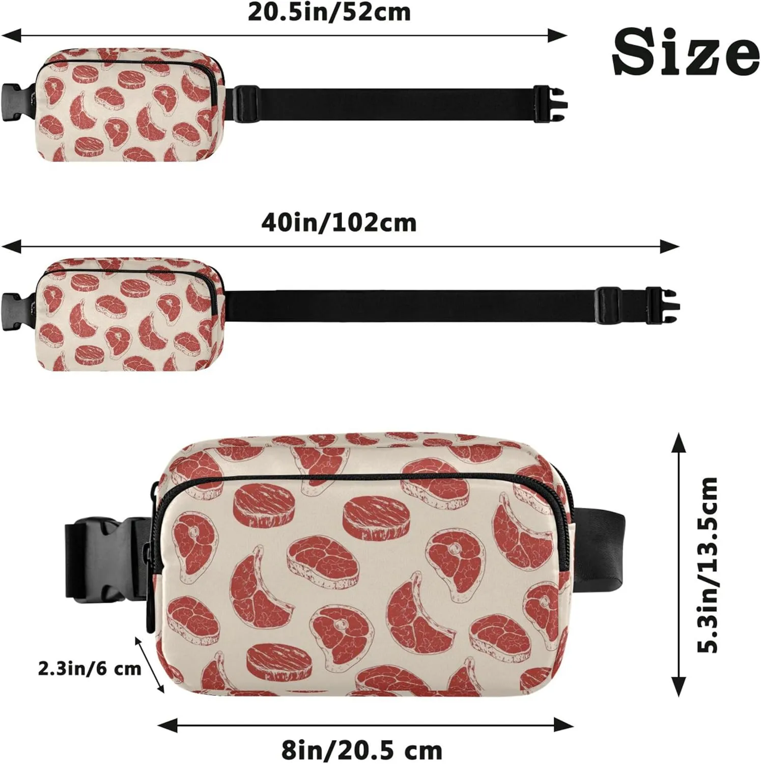 Personalized Steaks Raw Red Meat Print Women Fanny Packs Neon Belt Bag Hip Pouch Waterproof Cross Body Waist Purse