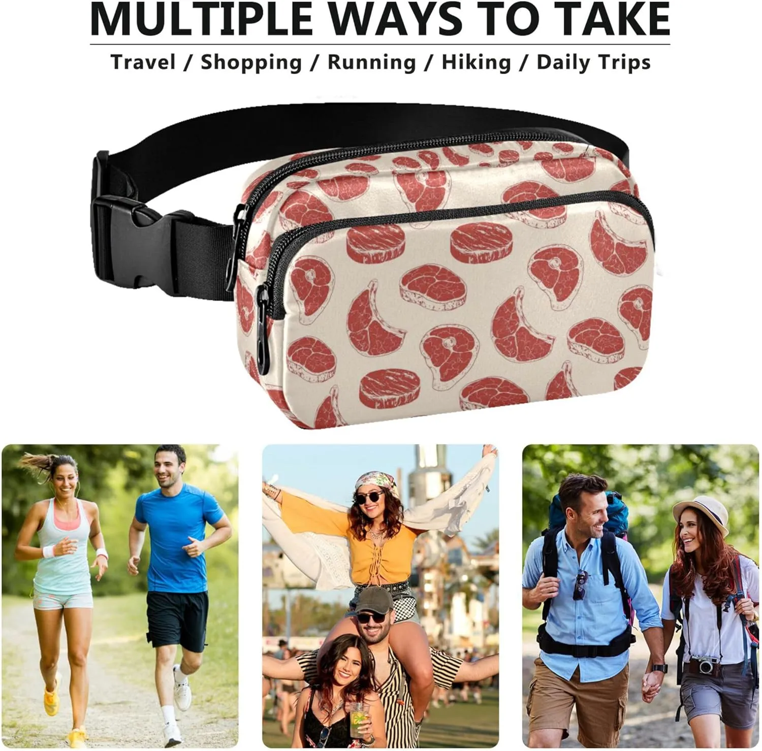 Personalized Steaks Raw Red Meat Print Women Fanny Packs Neon Belt Bag Hip Pouch Waterproof Cross Body Waist Purse