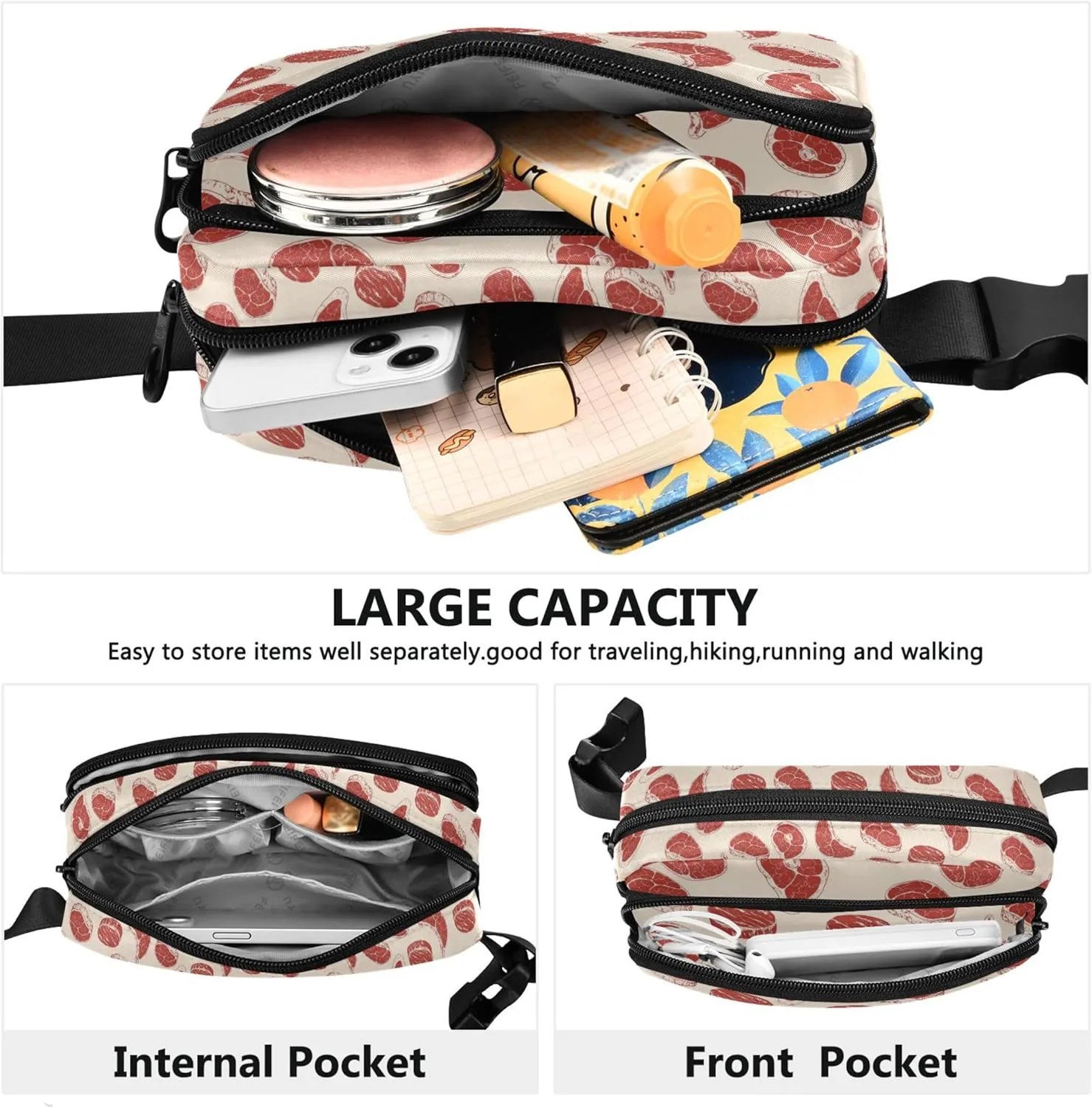 Personalized Steaks Raw Red Meat Print Women Fanny Packs Neon Belt Bag Hip Pouch Waterproof Cross Body Waist Purse
