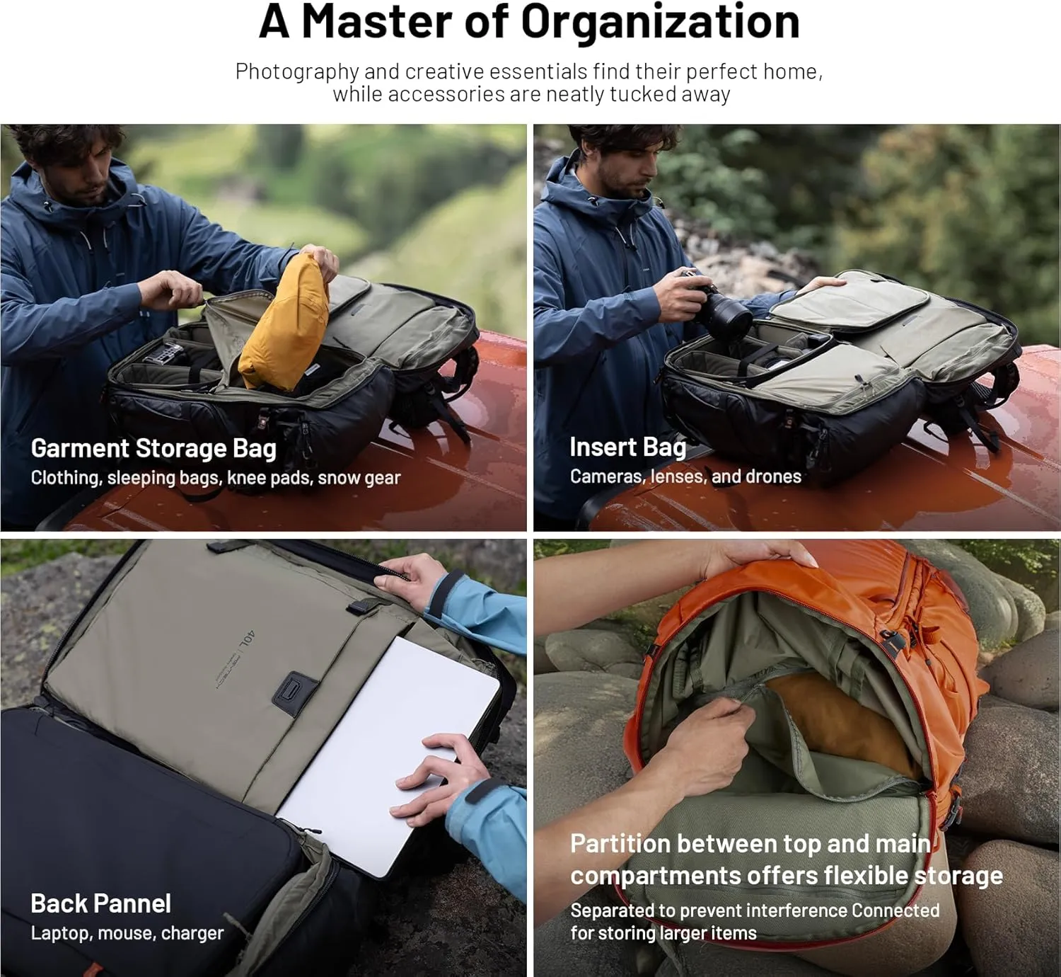 PGYTECH OnePro Flex Backpack 50L Camera Insert Bag M, Fits DSLR/SLR/Mirrorless Cameras/Lenses and Other Gear, Lightweight Outdoor Hiking Bundle for Photography, Travel Bag with Laptop Compartment