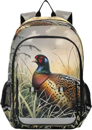 Pheasant Grassland Nature Backpack for Women Men Travel Laptop Daypack Shoulder Bag Book Bag Daypack with Reflective Strip 12.9” × 17.7”