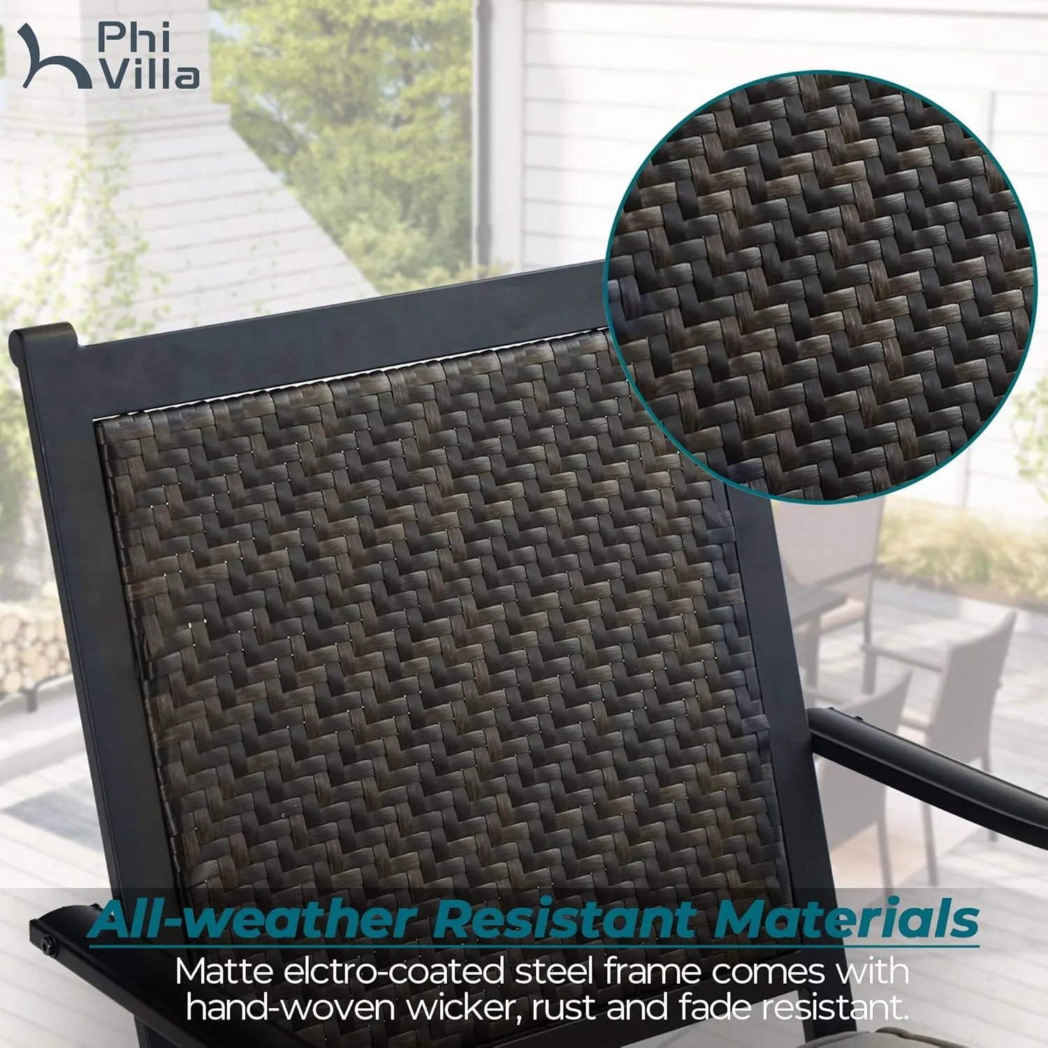 PHI VILLA Outdoor Wicker Dining Chairs Set of 4, Rattan Chairs with Removable Cushion & Metal Frame for Patio, Deck, Yard, Porch