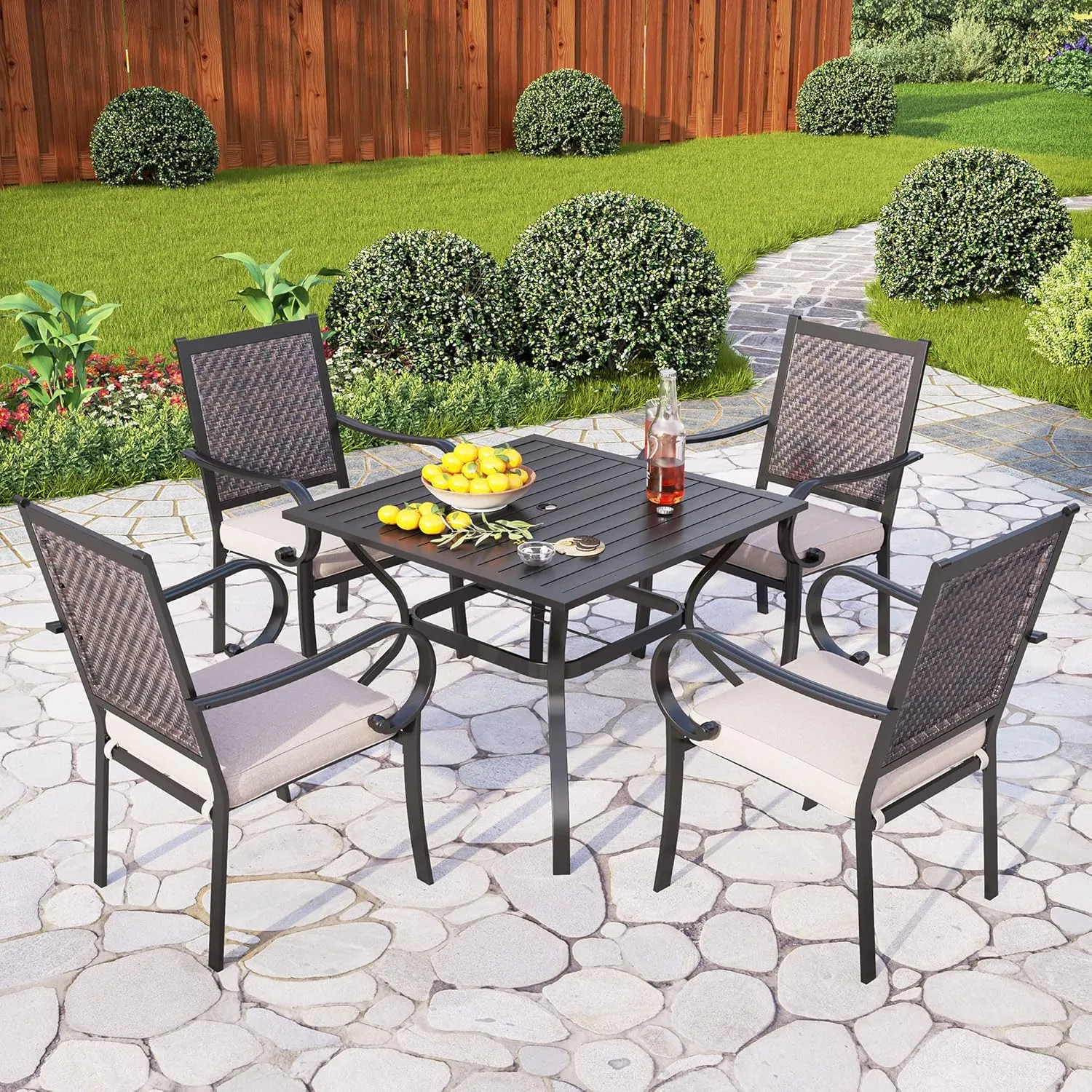 PHI VILLA Outdoor Wicker Dining Chairs Set of 4, Rattan Chairs with Removable Cushion & Metal Frame for Patio, Deck, Yard, Porch