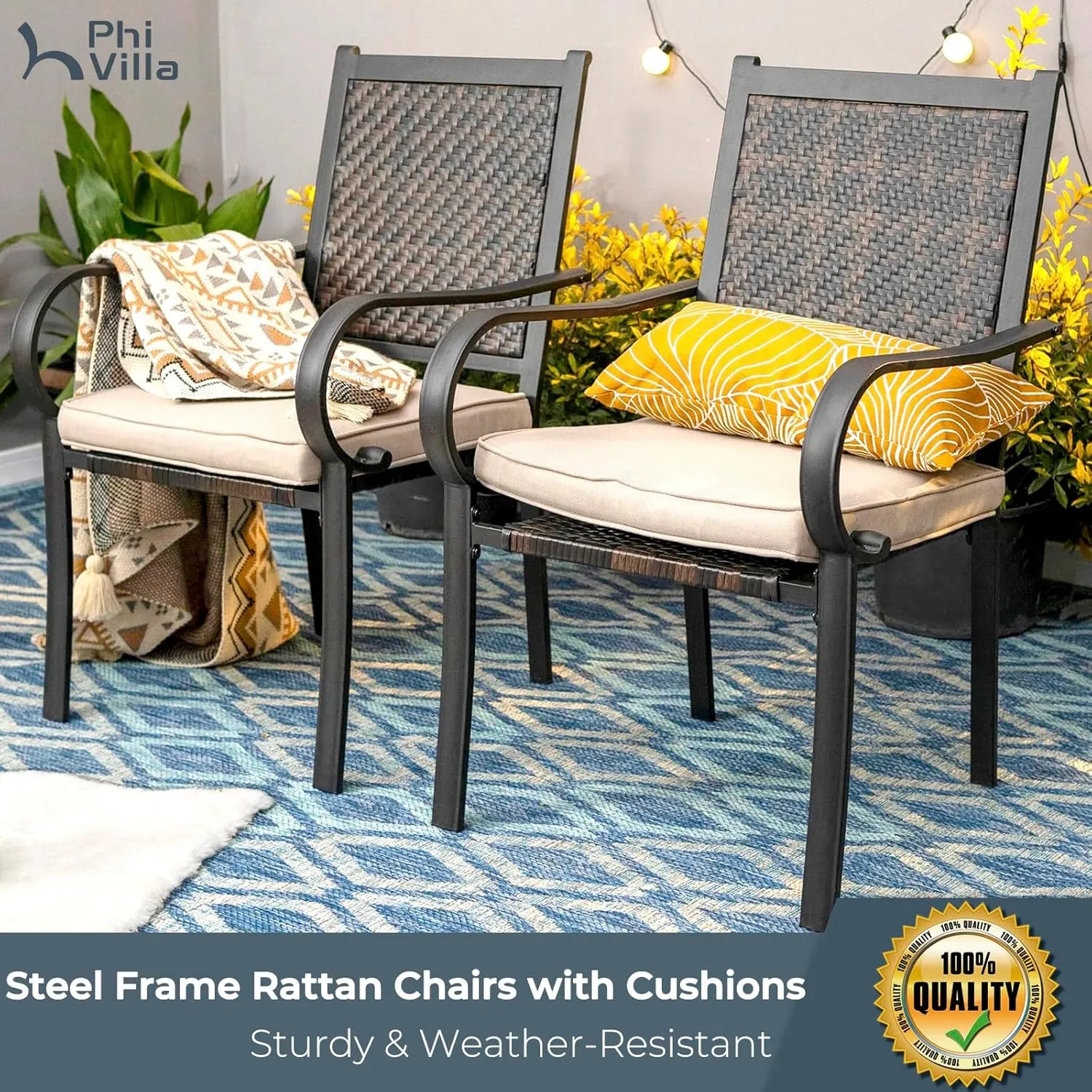 PHI VILLA Outdoor Wicker Dining Chairs Set of 4, Rattan Chairs with Removable Cushion & Metal Frame for Patio, Deck, Yard, Porch