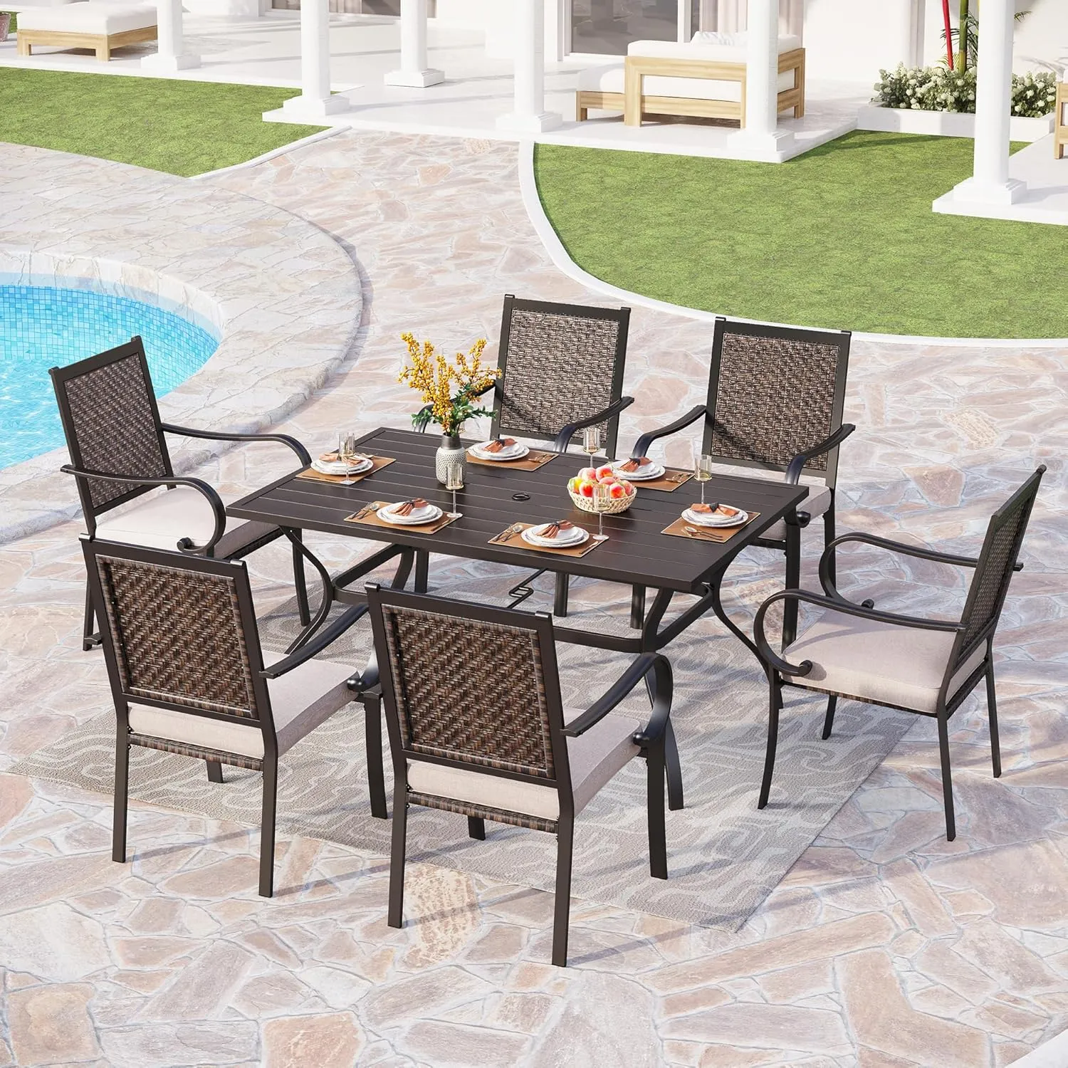 PHI VILLA Outdoor Wicker Dining Chairs Set of 4, Rattan Chairs with Removable Cushion & Metal Frame for Patio, Deck, Yard, Porch