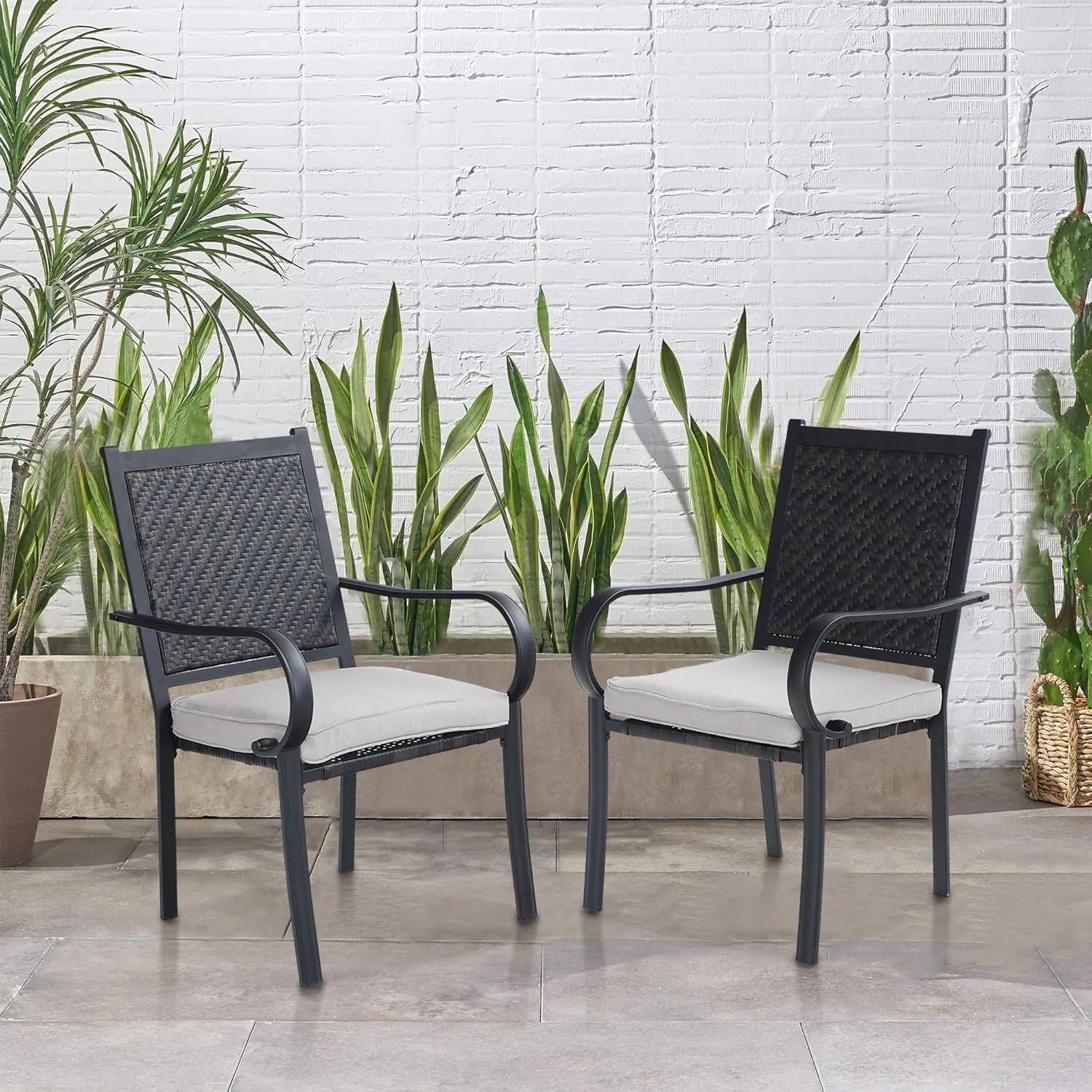PHI VILLA Outdoor Wicker Dining Chairs Set of 4, Rattan Chairs with Removable Cushion & Metal Frame for Patio, Deck, Yard, Porch