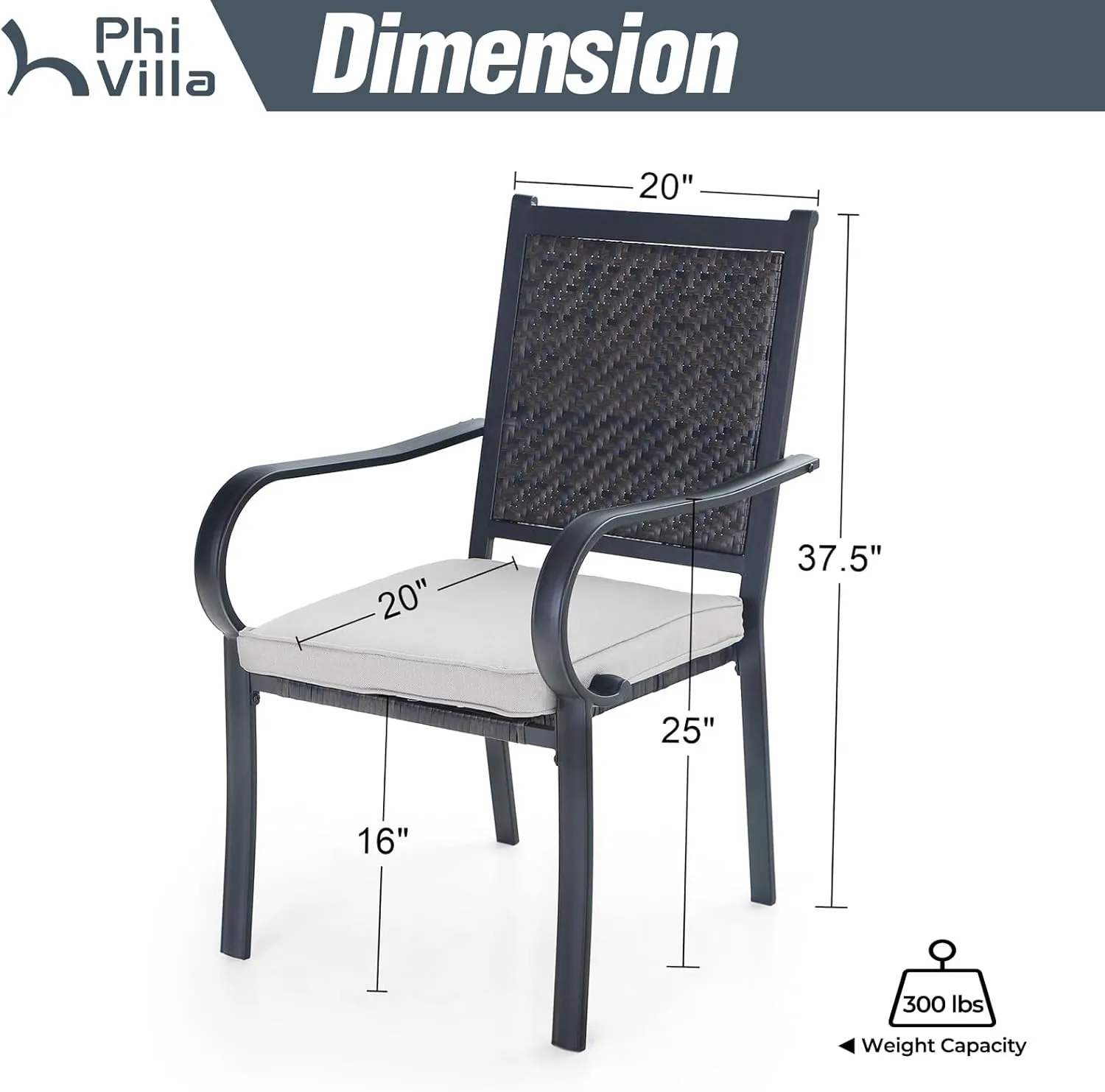 PHI VILLA Outdoor Wicker Dining Chairs Set of 4, Rattan Chairs with Removable Cushion & Metal Frame for Patio, Deck, Yard, Porch