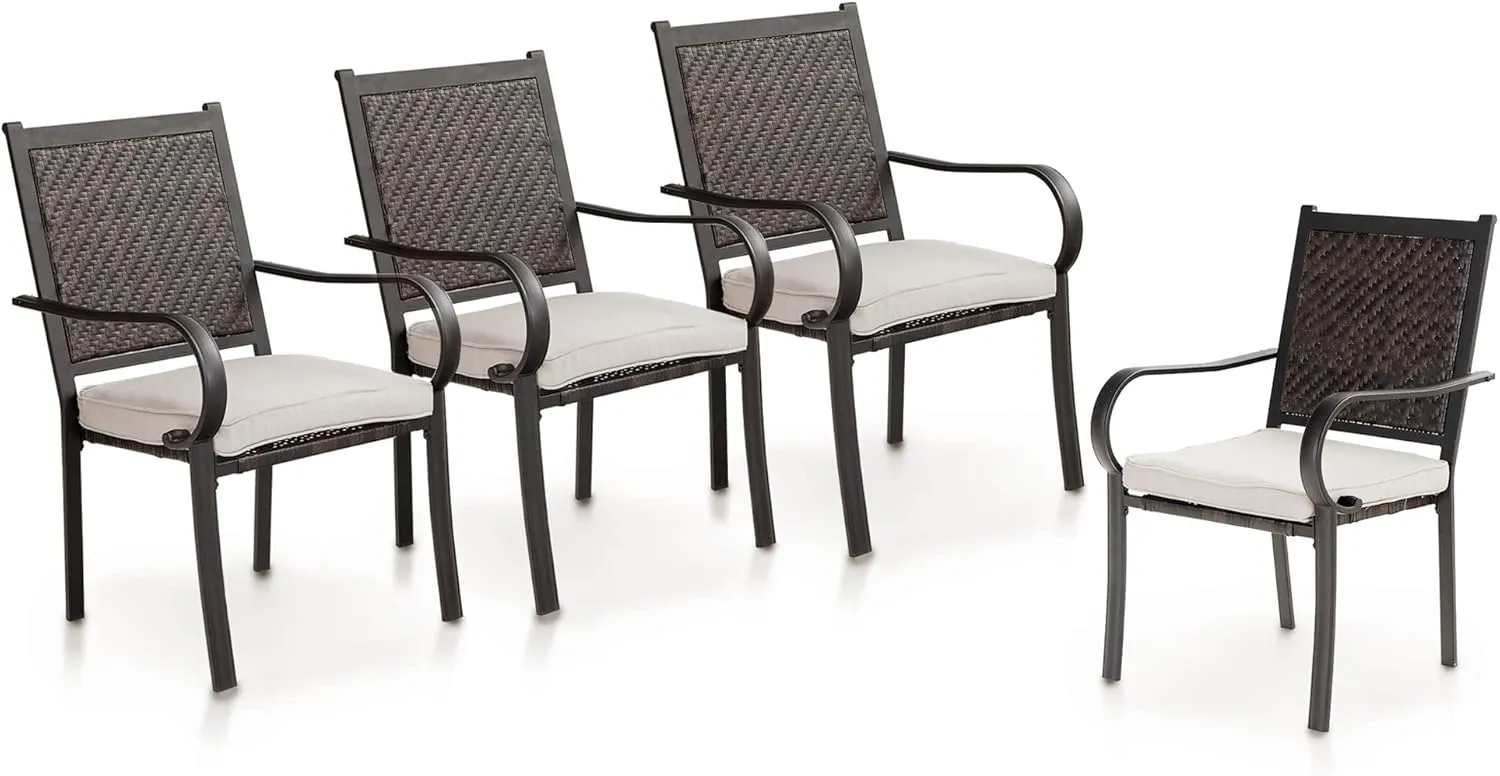 PHI VILLA Outdoor Wicker Dining Chairs Set of 4, Rattan Chairs with Removable Cushion & Metal Frame for Patio, Deck, Yard, Porch