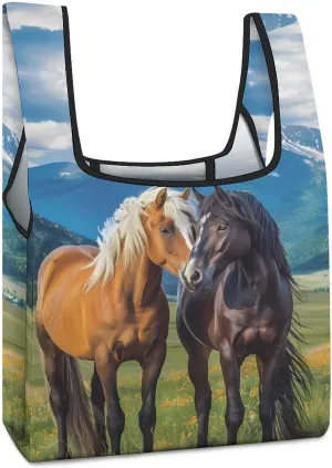 Playful Horses In The Valley Grocery Shopping Bags Foldable Tote Bags Casual Handbags Purses Work Bag for Women