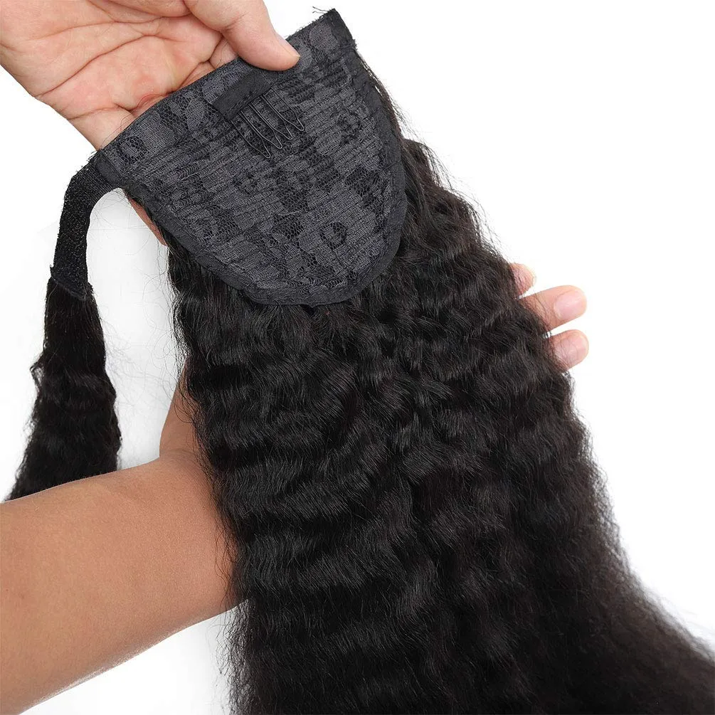 Ponytail Extension Human Hair Long Kinky Straight Magic Paste Ponytail 100% Human Hair Real Remy Hair Ponytail Extension for Black Women Natural Black Pony Tails Hair Extensions for Women 14 Inch