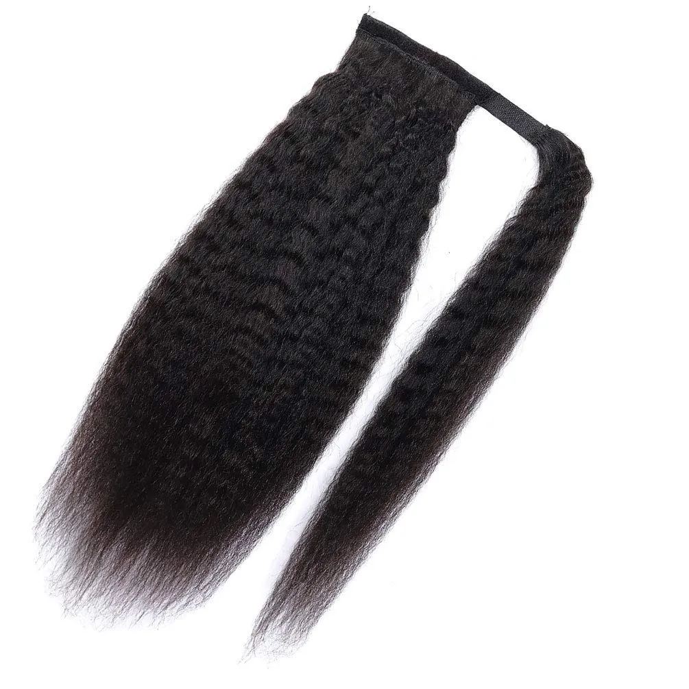 Ponytail Extension Human Hair Long Kinky Straight Magic Paste Ponytail 100% Human Hair Real Remy Hair Ponytail Extension for Black Women Natural Black Pony Tails Hair Extensions for Women 14 Inch