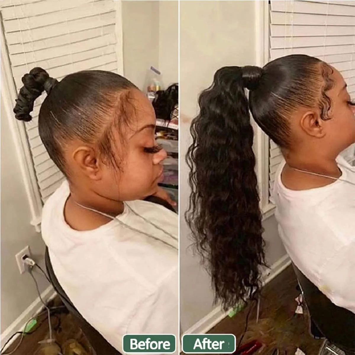 Ponytail Extensions Human Hair Magic Paste Ponytail Water Wave Wavy Wrap Around Magic Paste Ponytail Wrap Around Pony Hair Extensions Natural Black Color Remy Human Hair 18 Inch