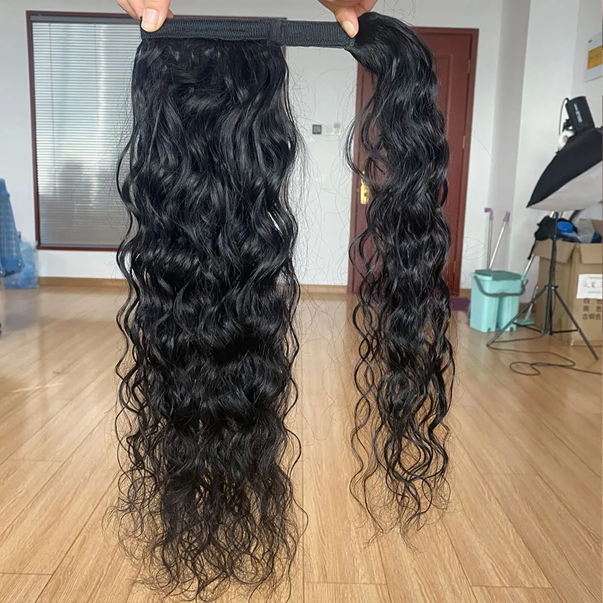 Ponytail Extensions Human Hair Magic Paste Ponytail Water Wave Wavy Wrap Around Magic Paste Ponytail Wrap Around Pony Hair Extensions Natural Black Color Remy Human Hair 18 Inch